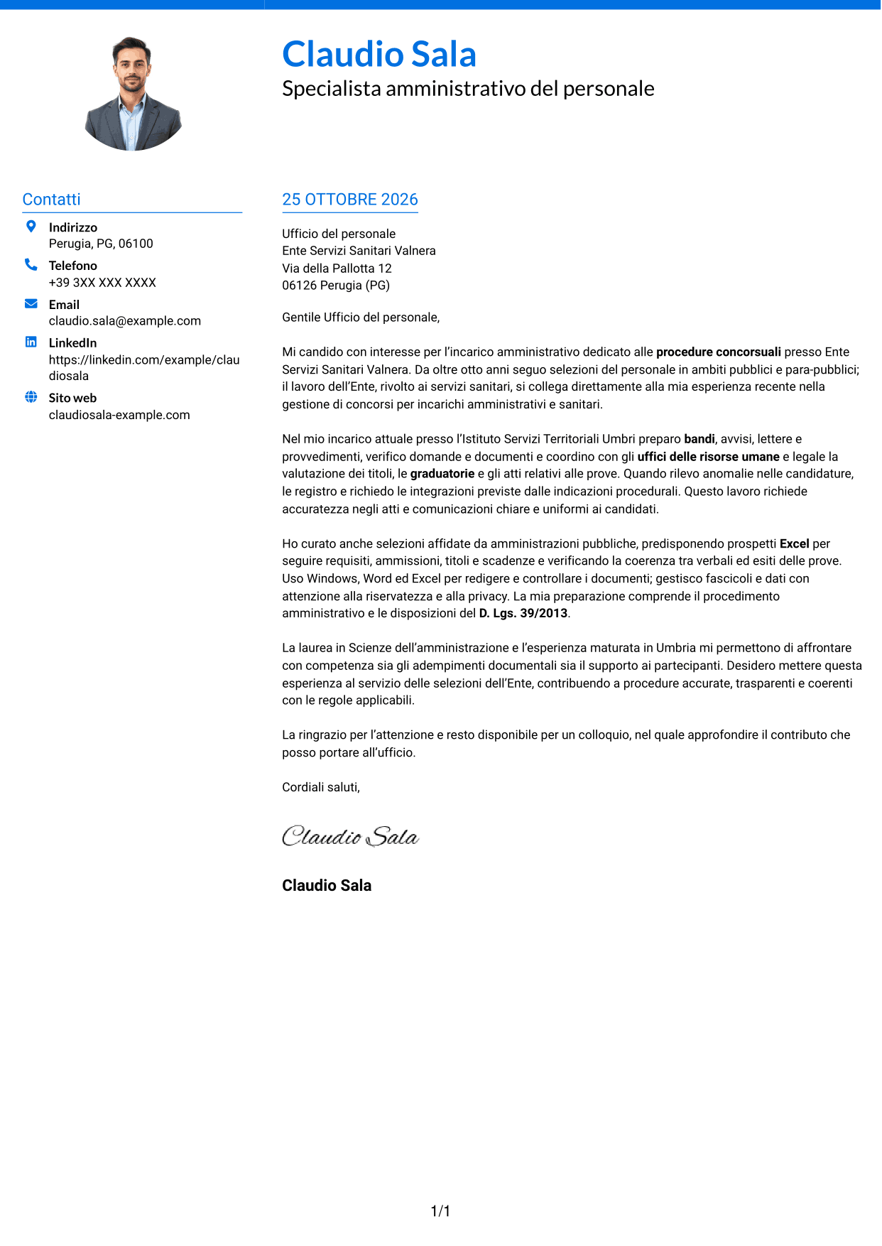 Lettera di presentazione Audace (formato a due colonne con accenti colorati e foto): Addetto amministrativo - Procedure concorsuali, pagina 1