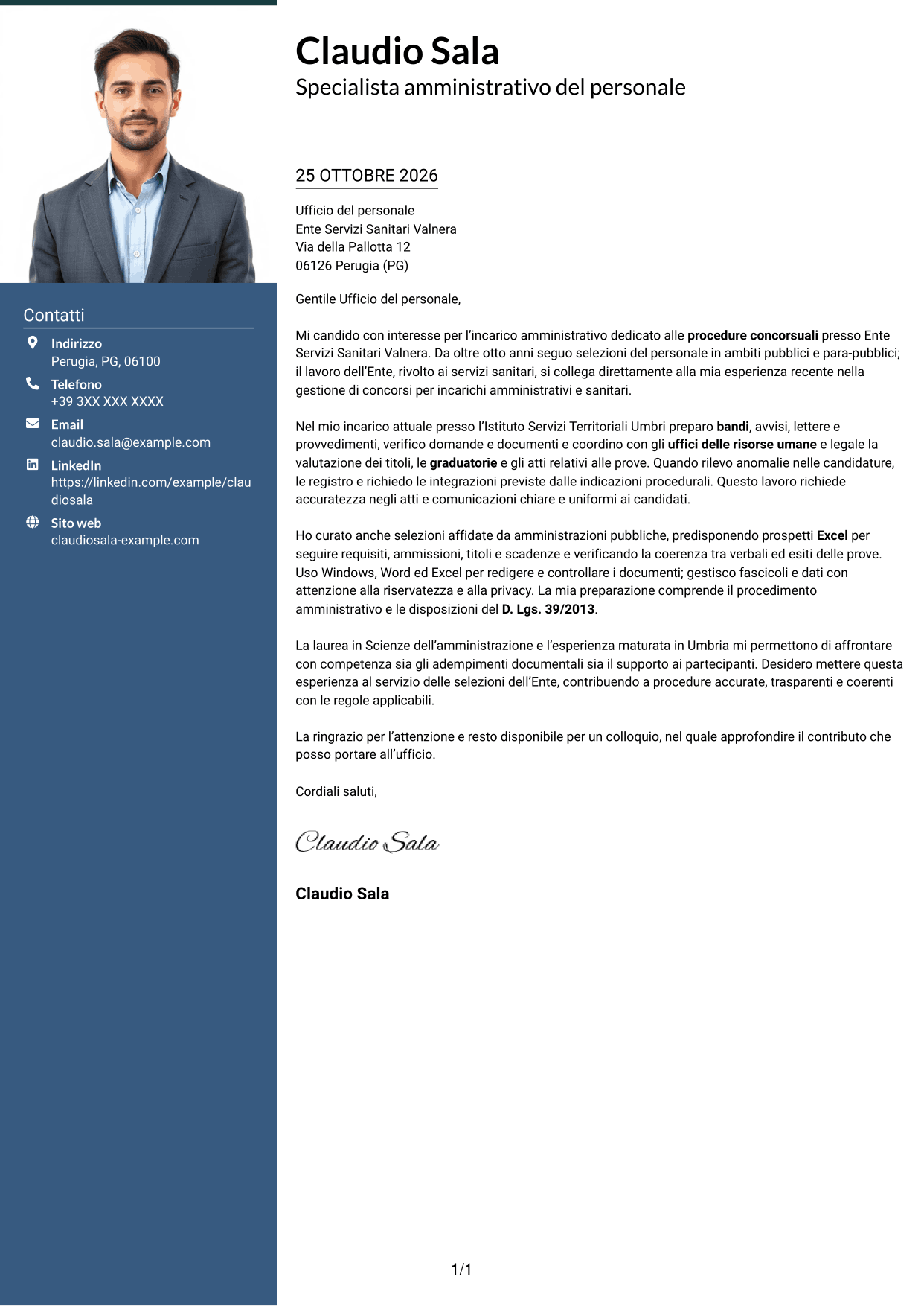 Lettera di presentazione Signature (formato con colonna laterale colorata e foto grande): Addetto amministrativo - Procedure concorsuali, pagina 1