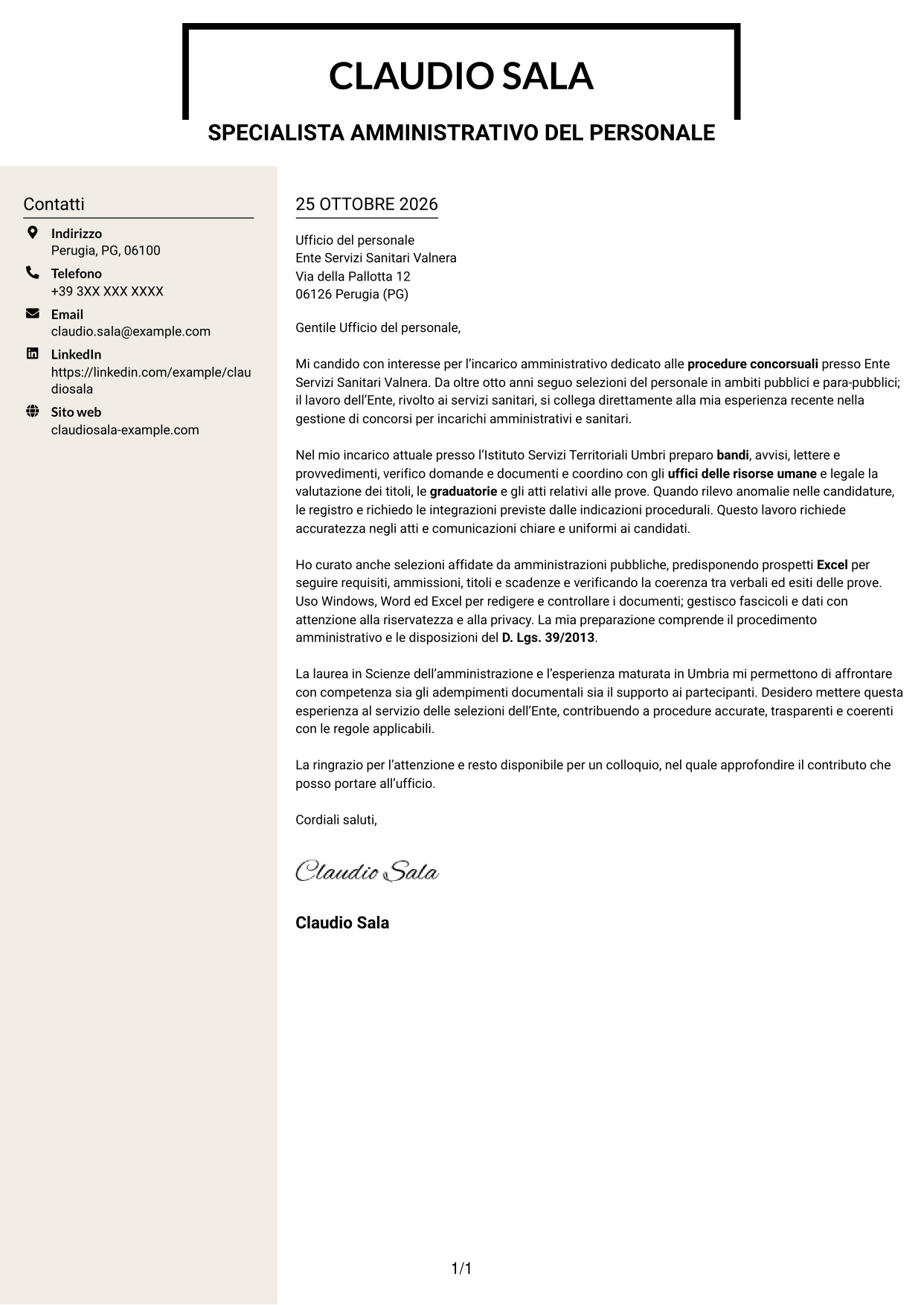 Lettera di presentazione Intraprendente (formato a due colonne con intestazione centrata senza foto): Addetto amministrativo - Procedure concorsuali, pagina 1