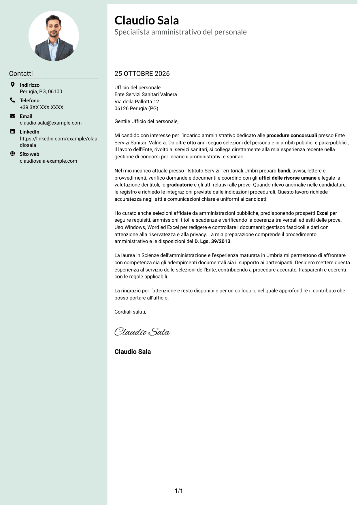 Lettera di presentazione Dirigente (formato con colonna laterale tenue e foto arrotondata): Addetto amministrativo - Procedure concorsuali, pagina 1