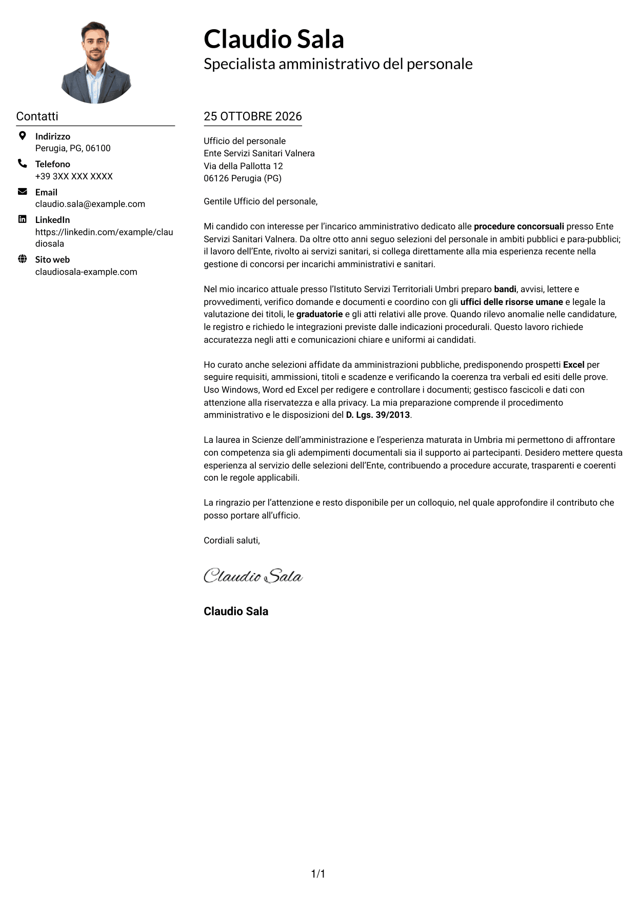 Esempio di lettera di presentazione — pagina 1