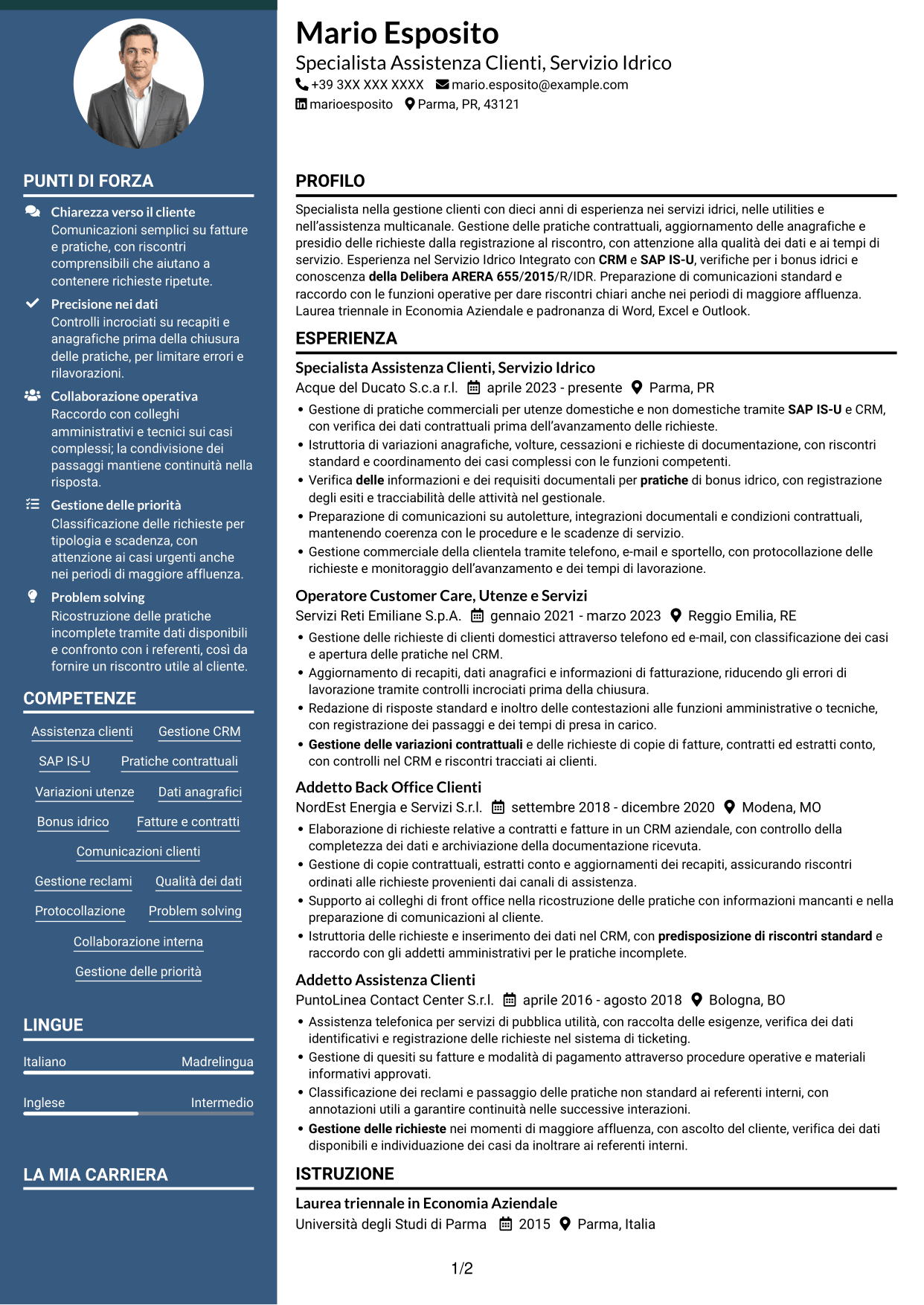 CV Elegante (formato con colonna laterale colorata e foto): Addetto Assistenza Clienti - Servizio Idrico Integrato, pagina 1