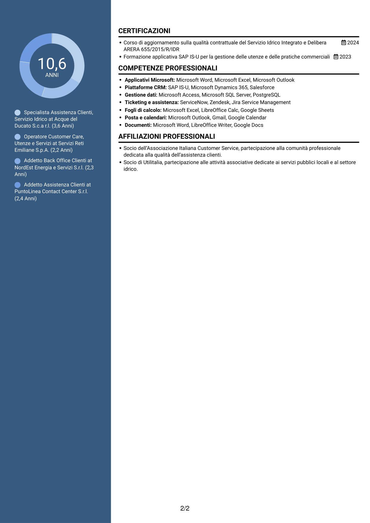 CV Elegante (formato con colonna laterale colorata e foto): Addetto Assistenza Clienti - Servizio Idrico Integrato, pagina 2