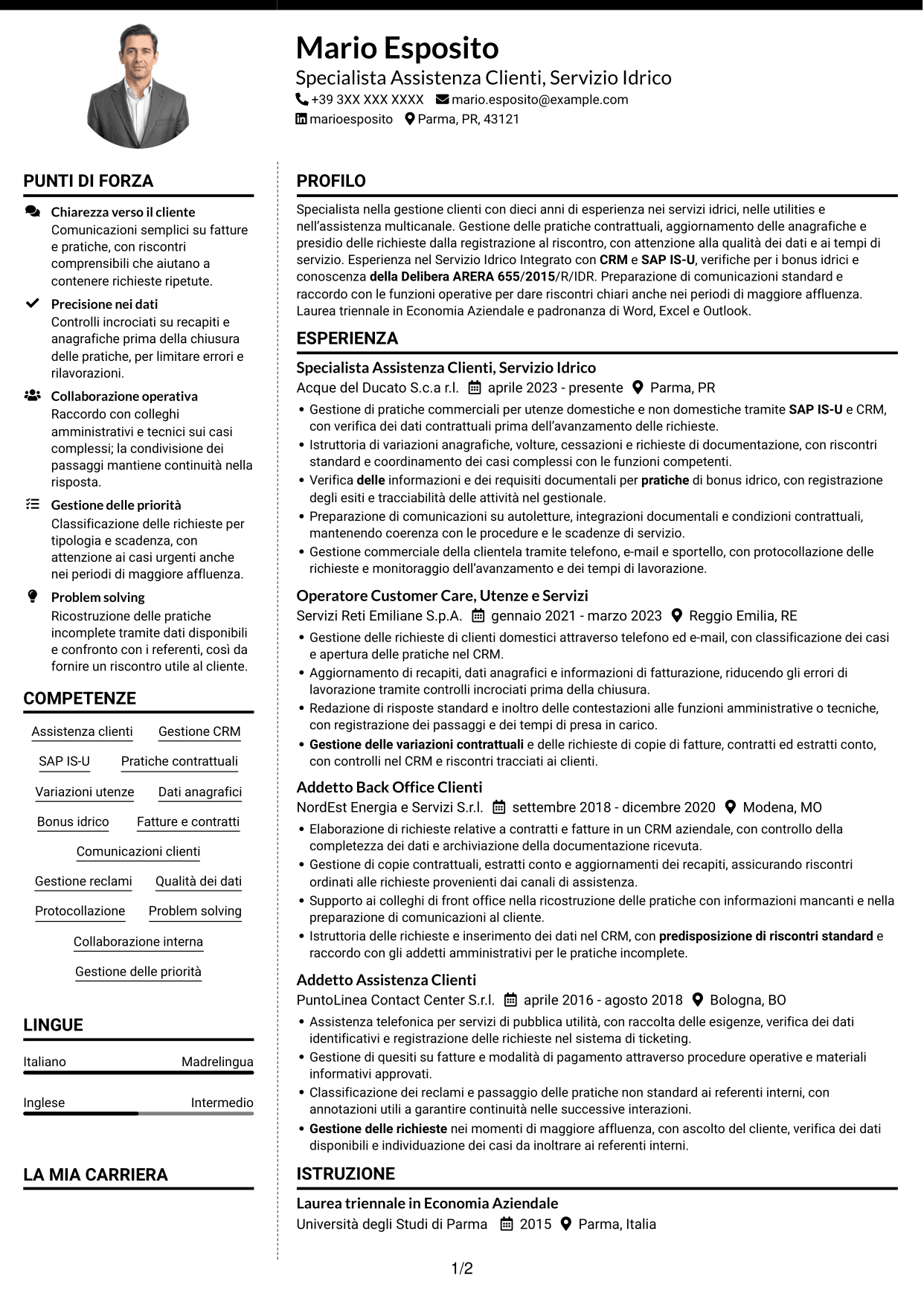 CV Moderno (formato a due colonne con foto a sinistra e separatore): Addetto Assistenza Clienti - Servizio Idrico Integrato, pagina 1