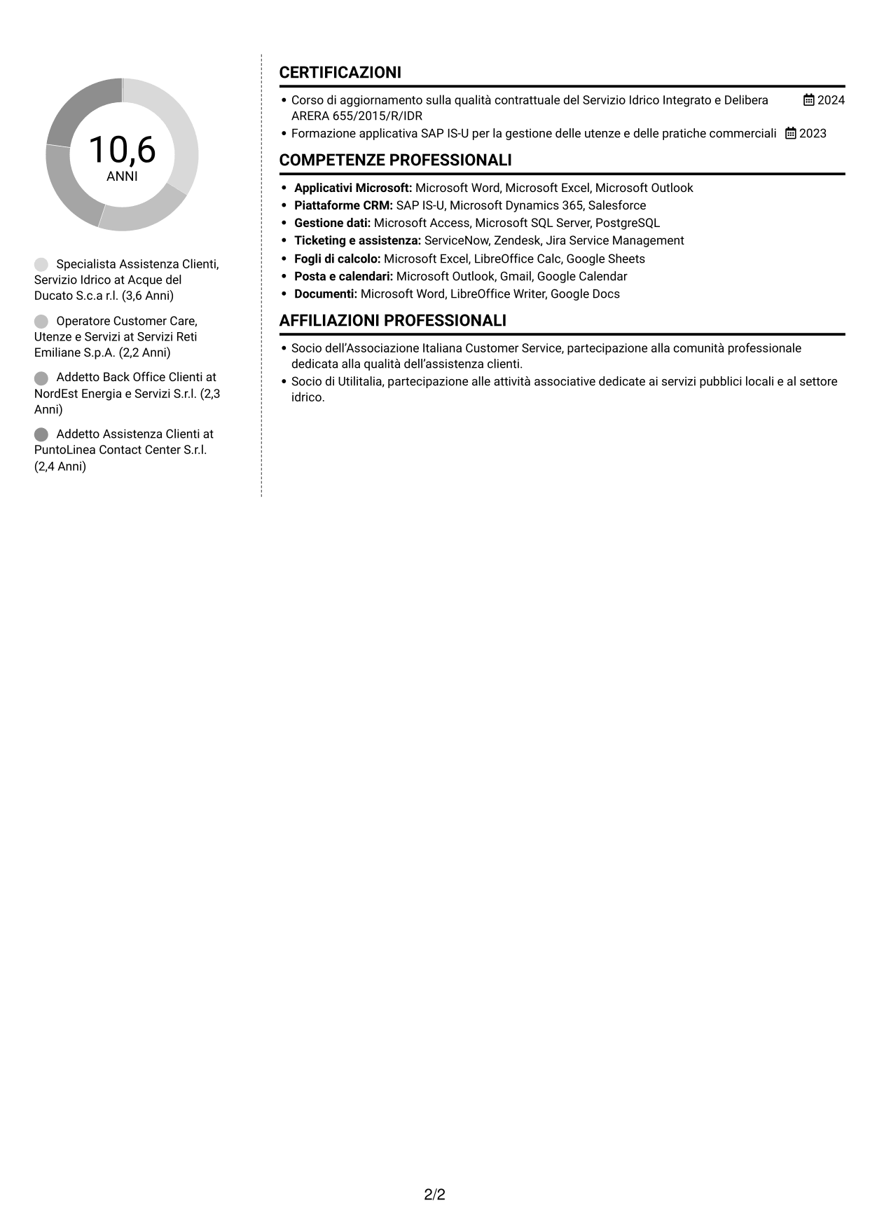 CV Moderno (formato a due colonne con foto a sinistra e separatore): Addetto Assistenza Clienti - Servizio Idrico Integrato, pagina 2