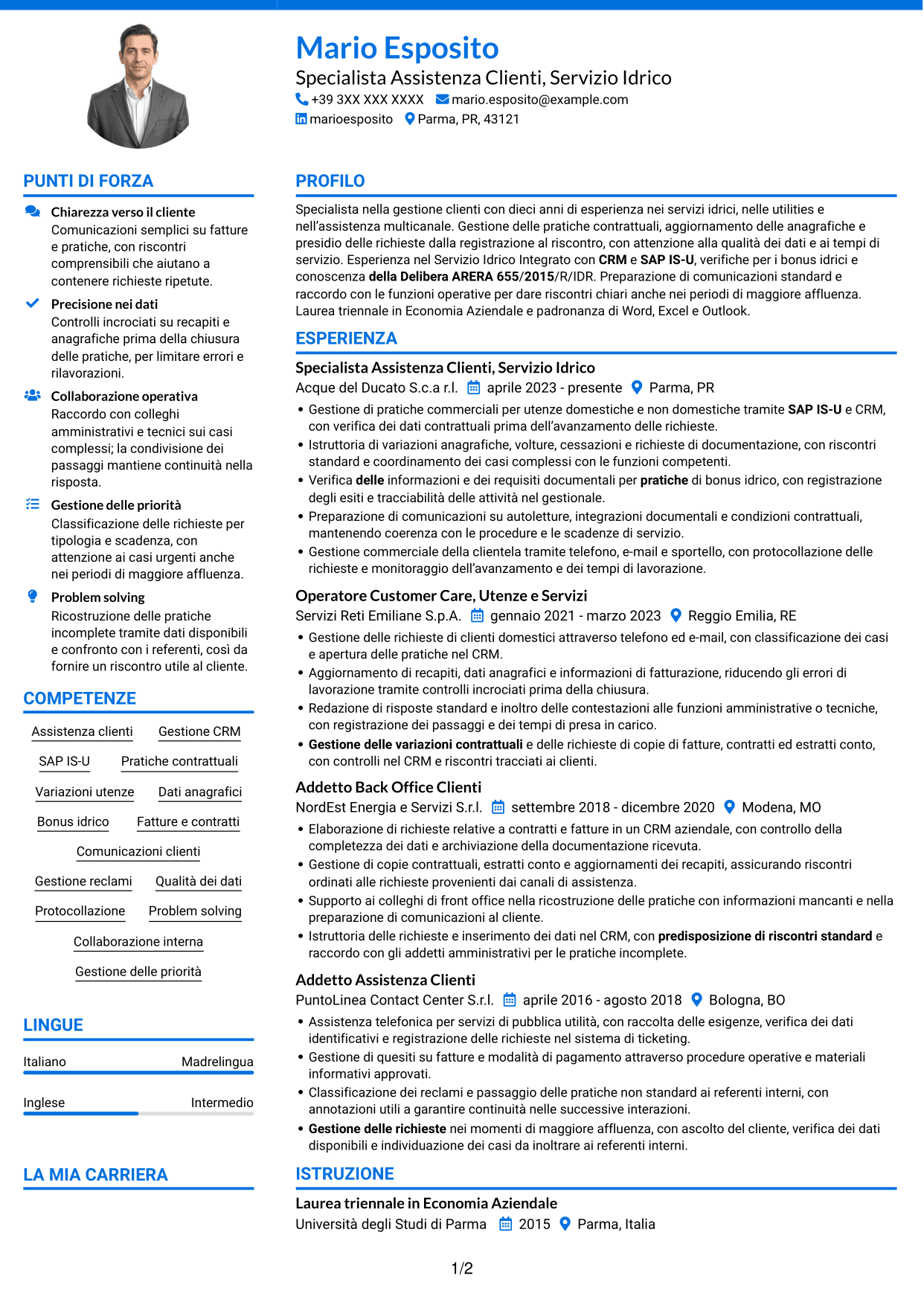 CV Audace (formato a due colonne con accenti colorati e foto): Addetto Assistenza Clienti - Servizio Idrico Integrato, pagina 1