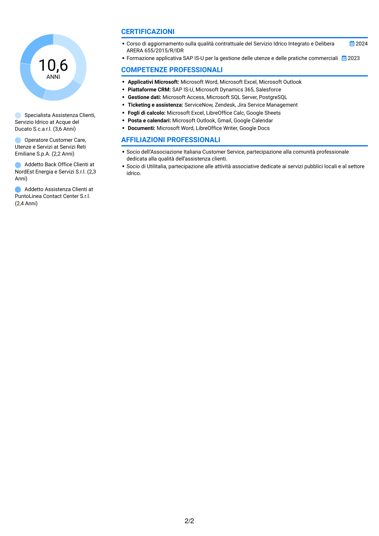 CV Audace (formato a due colonne con accenti colorati e foto): Addetto Assistenza Clienti - Servizio Idrico Integrato, pagina 2