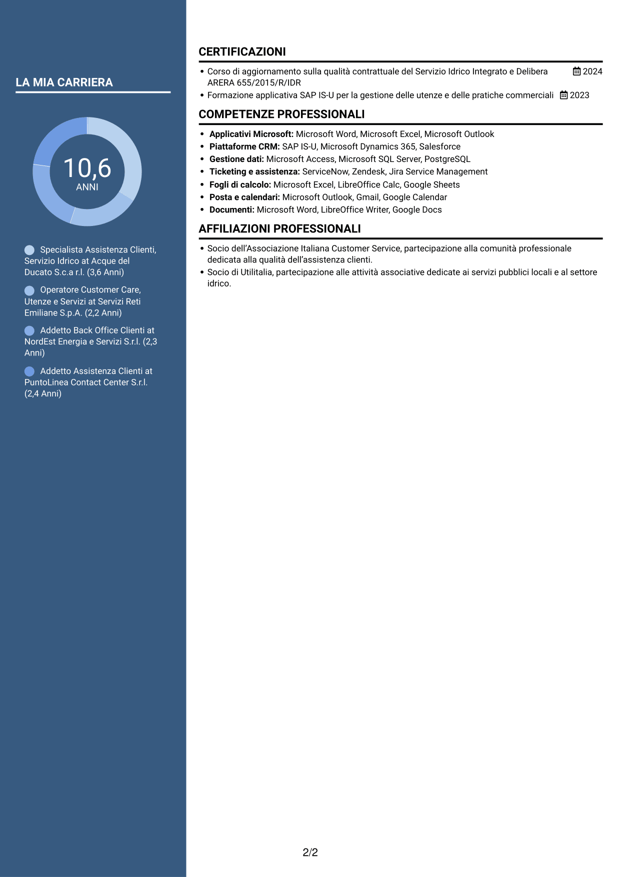 CV Signature (formato con colonna laterale colorata e foto grande): Addetto Assistenza Clienti - Servizio Idrico Integrato, pagina 2