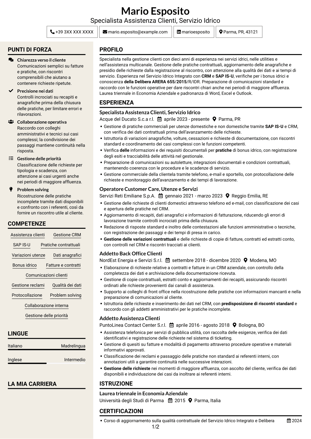 CV Intraprendente (formato a due colonne con intestazione centrata senza foto): Addetto Assistenza Clienti - Servizio Idrico Integrato, pagina 1