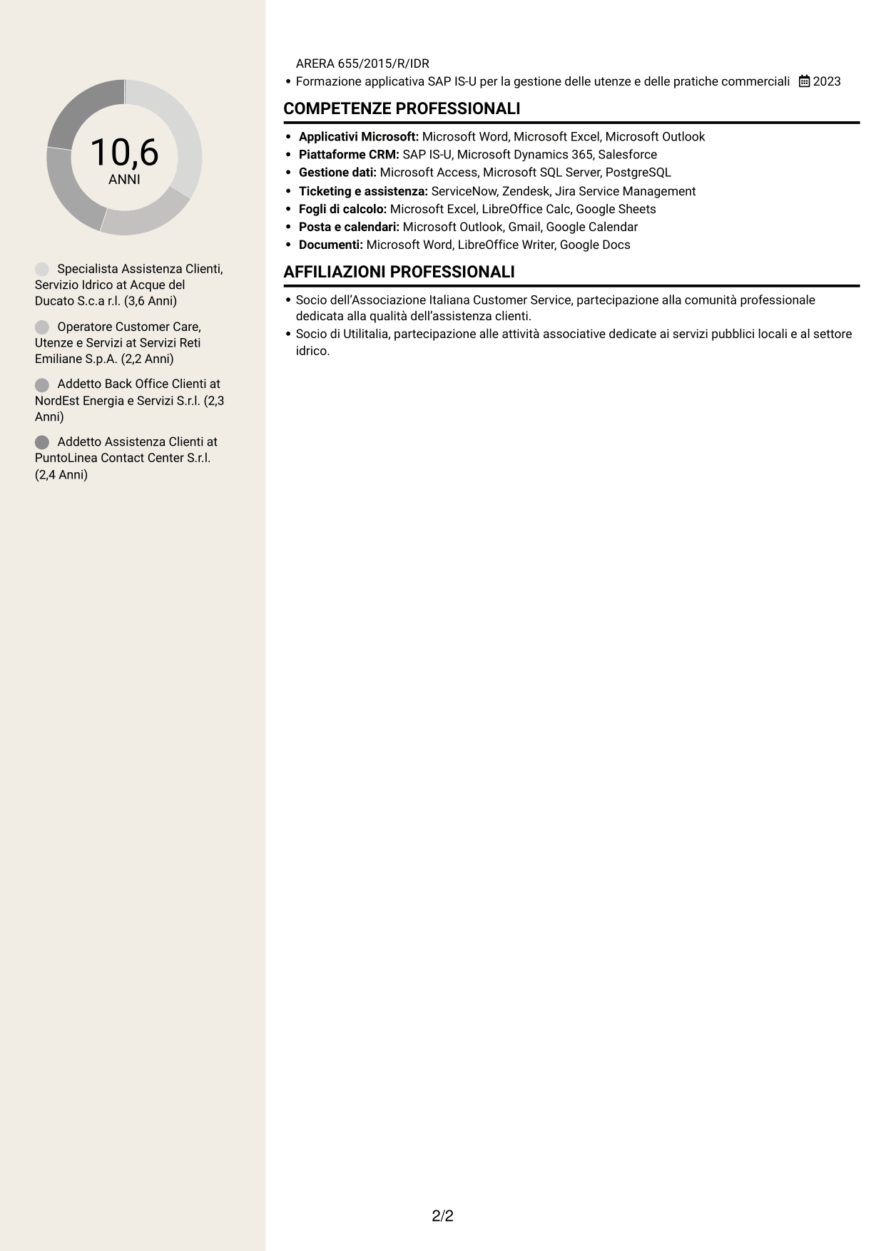 CV Intraprendente (formato a due colonne con intestazione centrata senza foto): Addetto Assistenza Clienti - Servizio Idrico Integrato, pagina 2