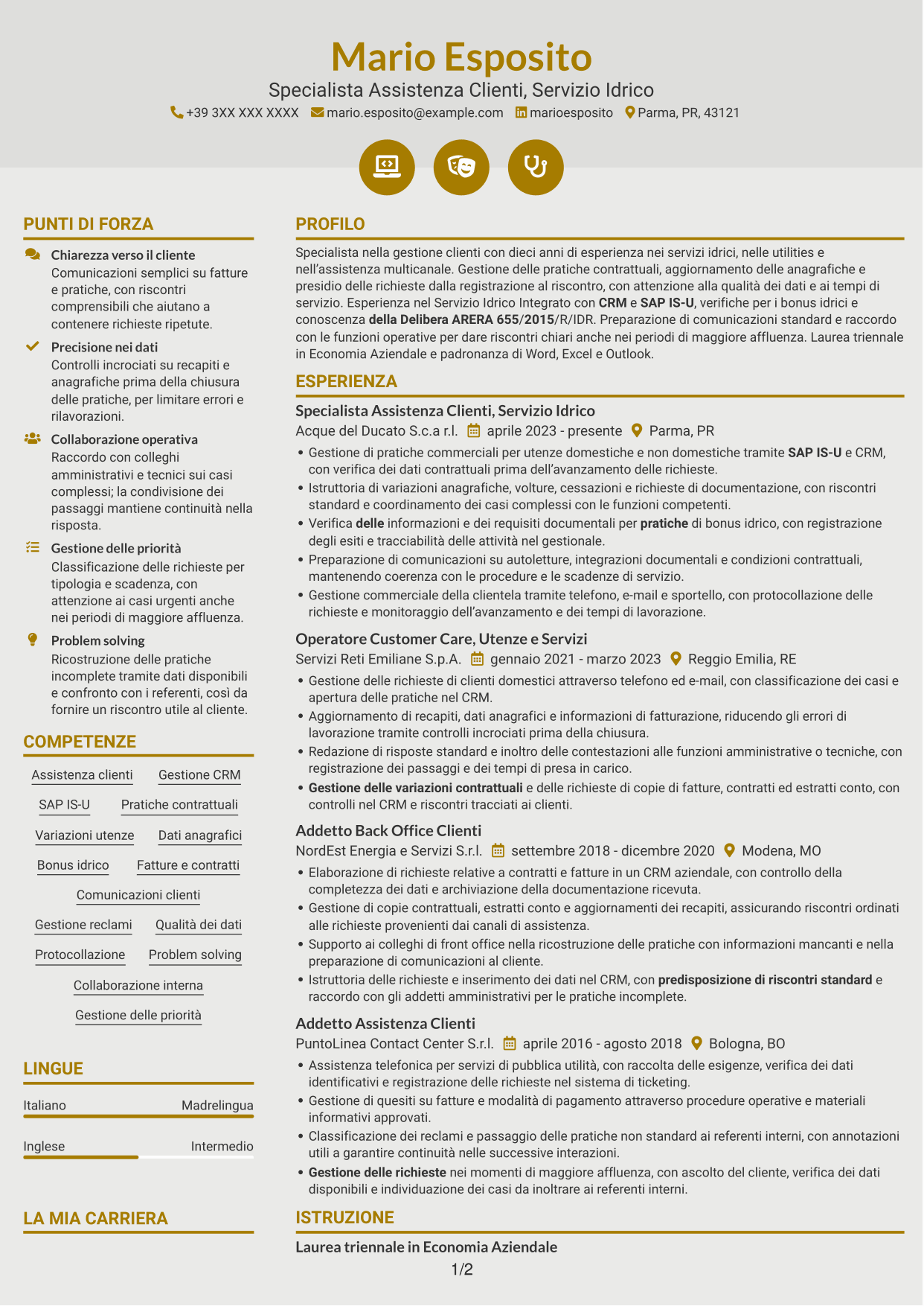 CV Dinamico (formato a due colonne con icone): Addetto Assistenza Clienti - Servizio Idrico Integrato, pagina 1