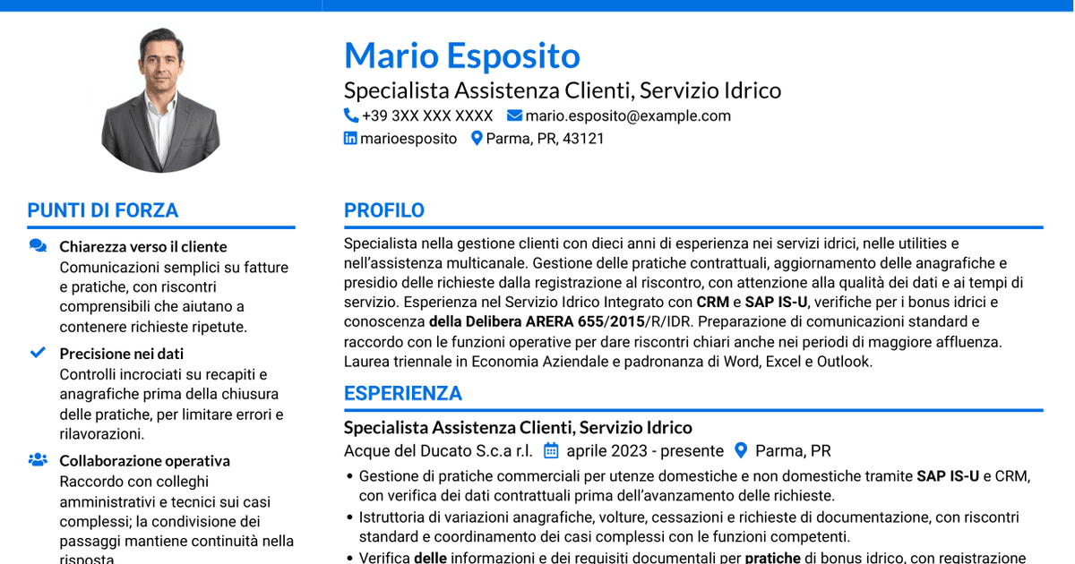 7 modelli di CV per Addetto Assistenza Clienti - Servizio Idrico Integrato, con esempi