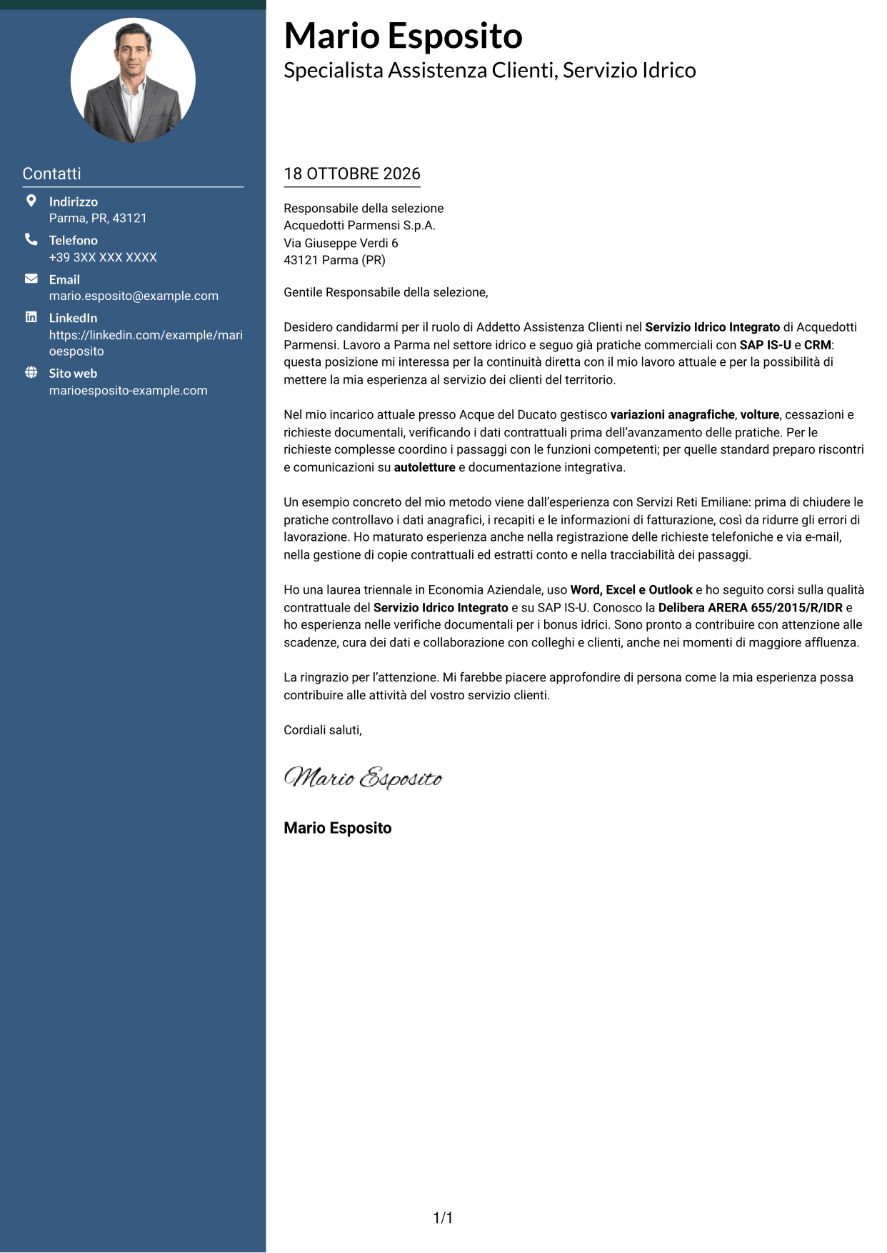 Lettera di presentazione Elegante (formato con colonna laterale colorata e foto): Addetto Assistenza Clienti - Servizio Idrico Integrato, pagina 1