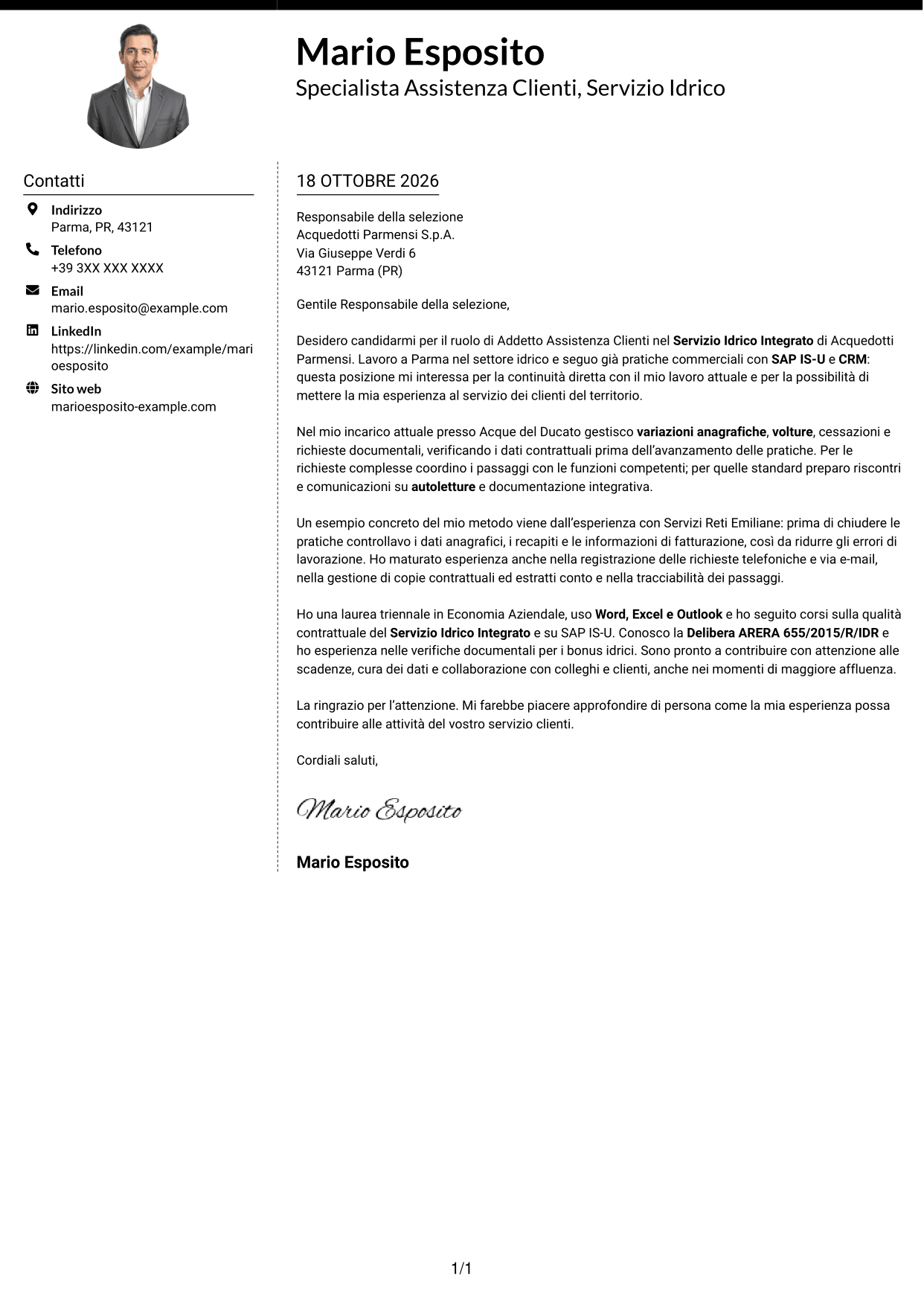 Lettera di presentazione Moderno (formato a due colonne con foto a sinistra e separatore): Addetto Assistenza Clienti - Servizio Idrico Integrato, pagina 1