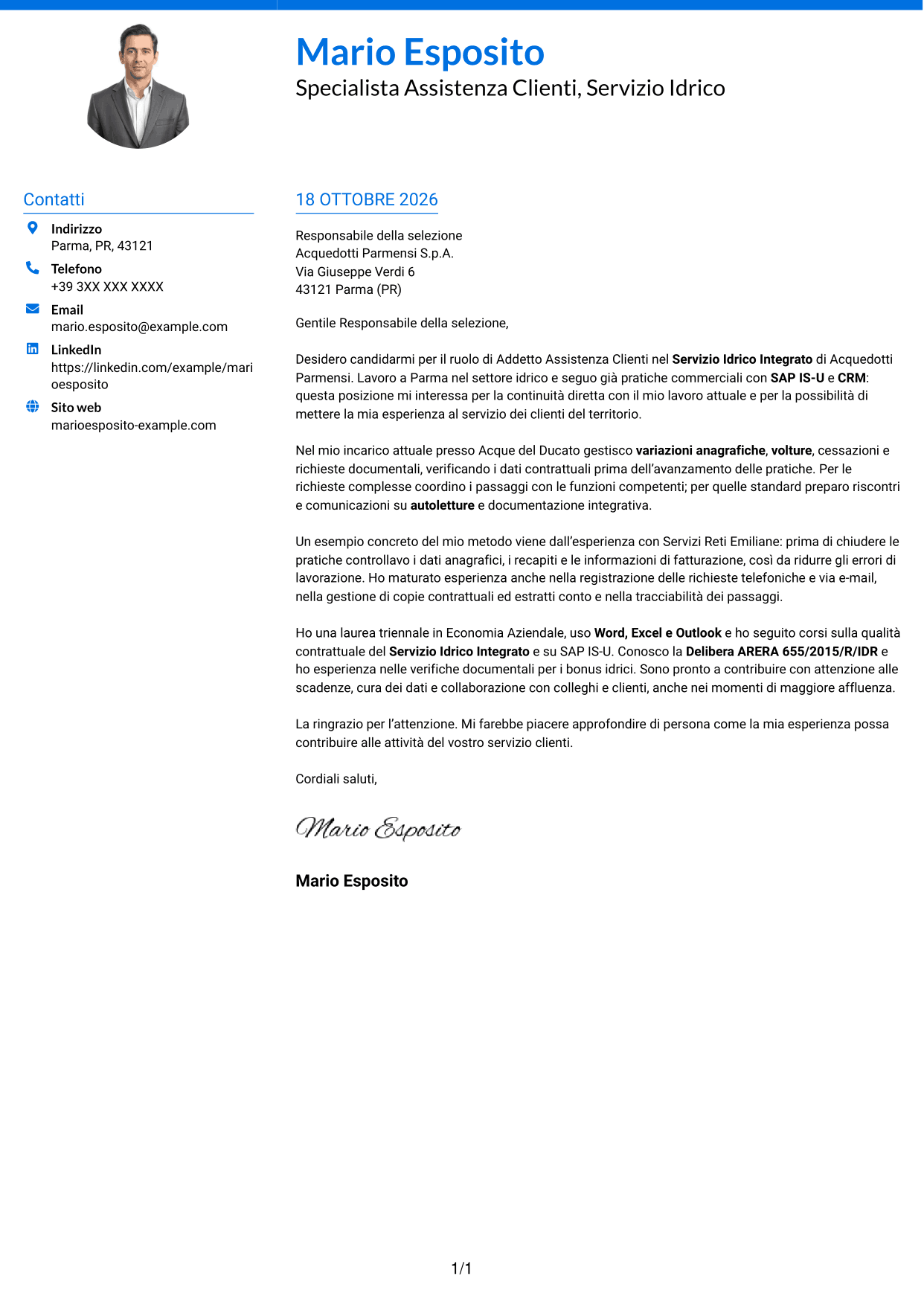 Lettera di presentazione Audace (formato a due colonne con accenti colorati e foto): Addetto Assistenza Clienti - Servizio Idrico Integrato, pagina 1