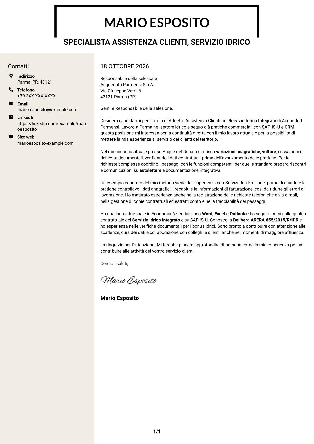 Lettera di presentazione Intraprendente (formato a due colonne con intestazione centrata senza foto): Addetto Assistenza Clienti - Servizio Idrico Integrato, pagina 1