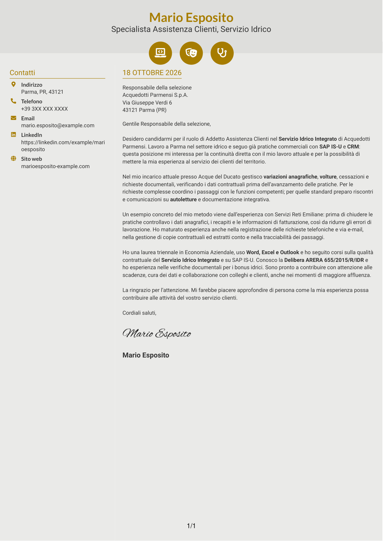Lettera di presentazione Dinamico (formato a due colonne con icone): Addetto Assistenza Clienti - Servizio Idrico Integrato, pagina 1