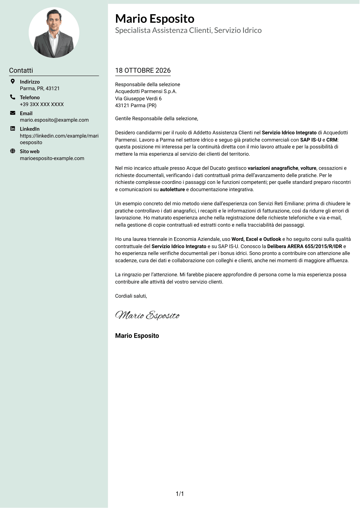Lettera di presentazione Dirigente (formato con colonna laterale tenue e foto arrotondata): Addetto Assistenza Clienti - Servizio Idrico Integrato, pagina 1