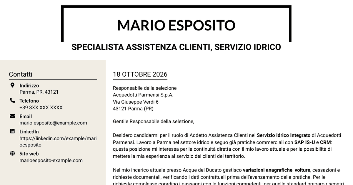 7 modelli di lettera di presentazione per Addetto Assistenza Clienti - Servizio Idrico Integrato, con esempi