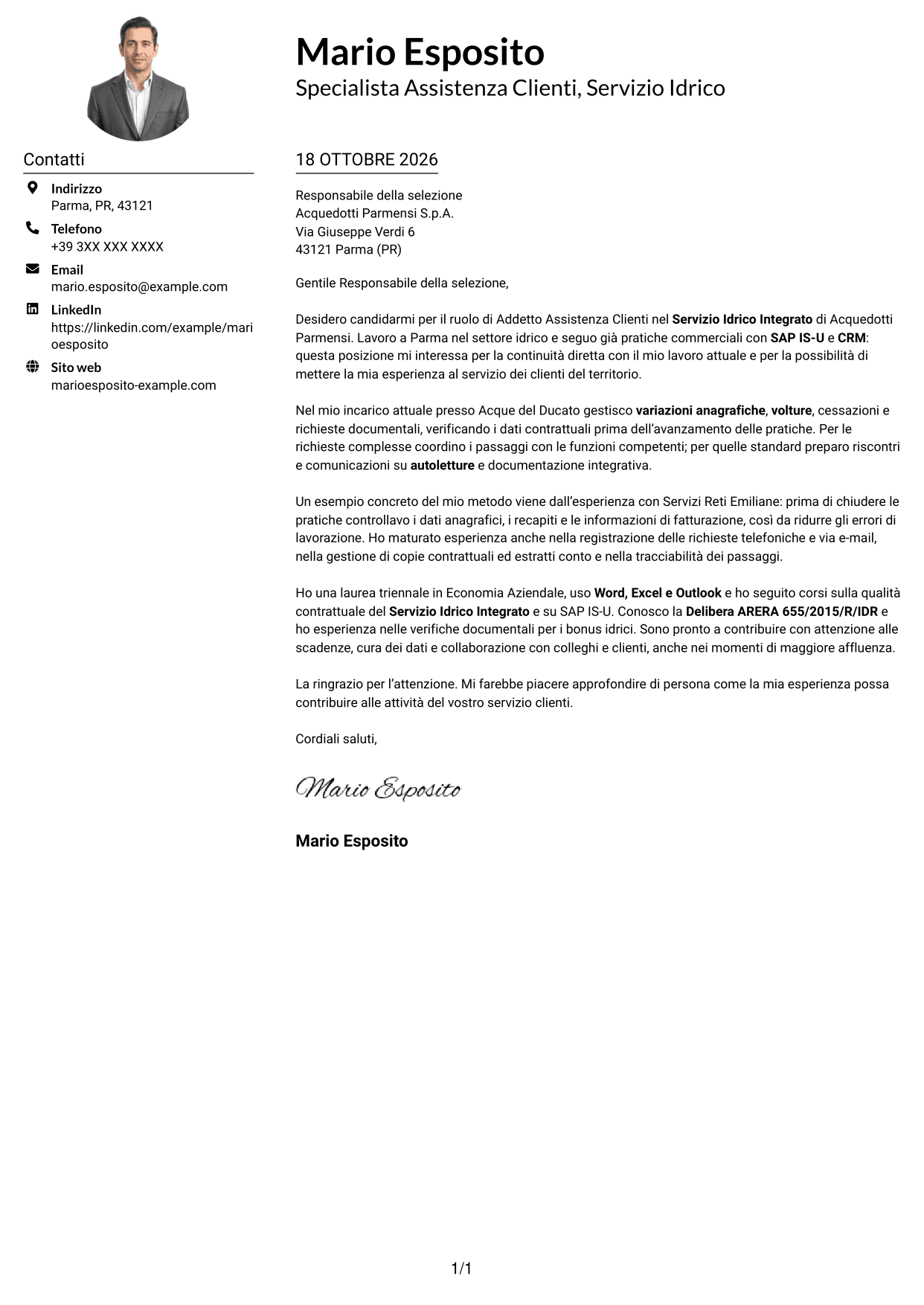 Esempio di lettera di presentazione — pagina 1