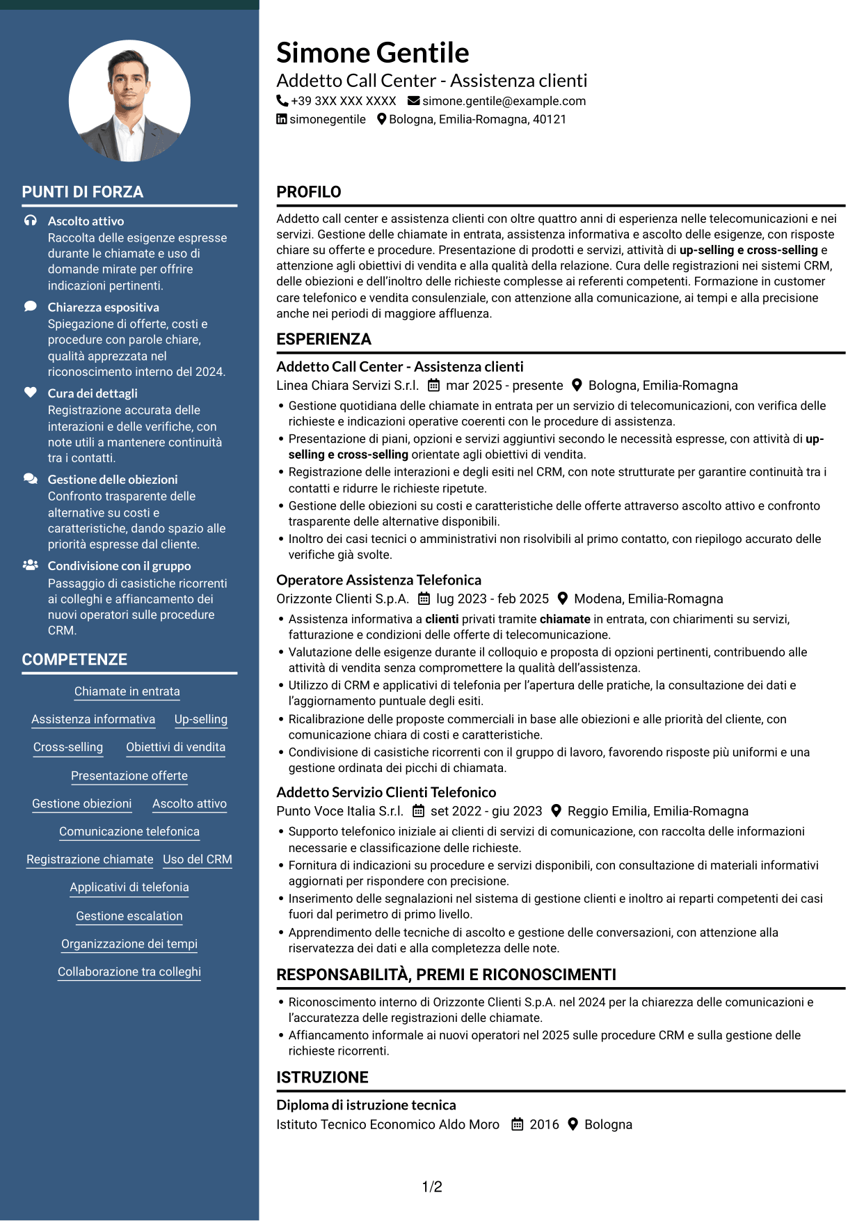 CV Elegante (formato con colonna laterale colorata e foto): Addetto Call Center - Assistenza clienti e vendita, pagina 1