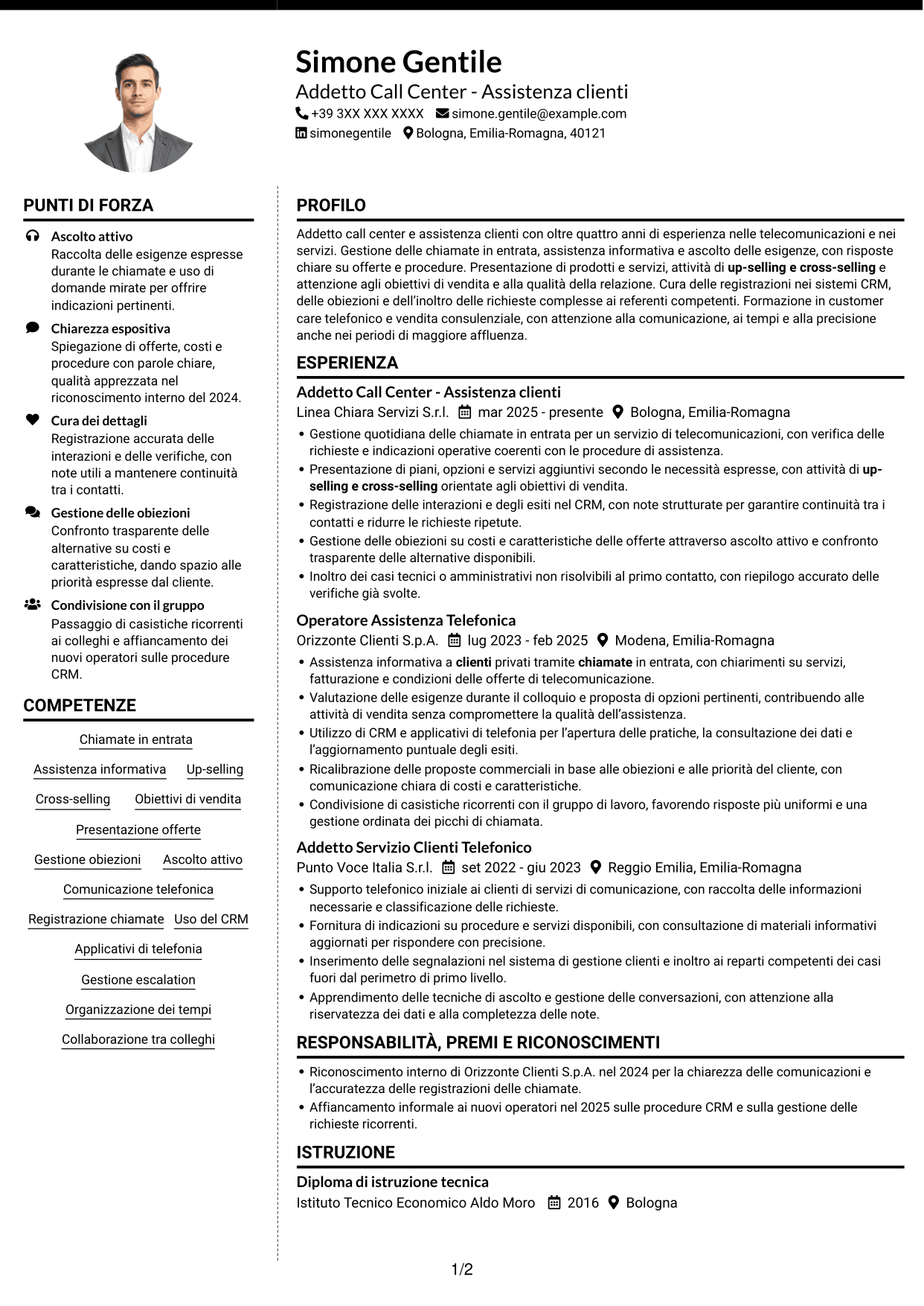 CV Moderno (formato a due colonne con foto a sinistra e separatore): Addetto Call Center - Assistenza clienti e vendita, pagina 1