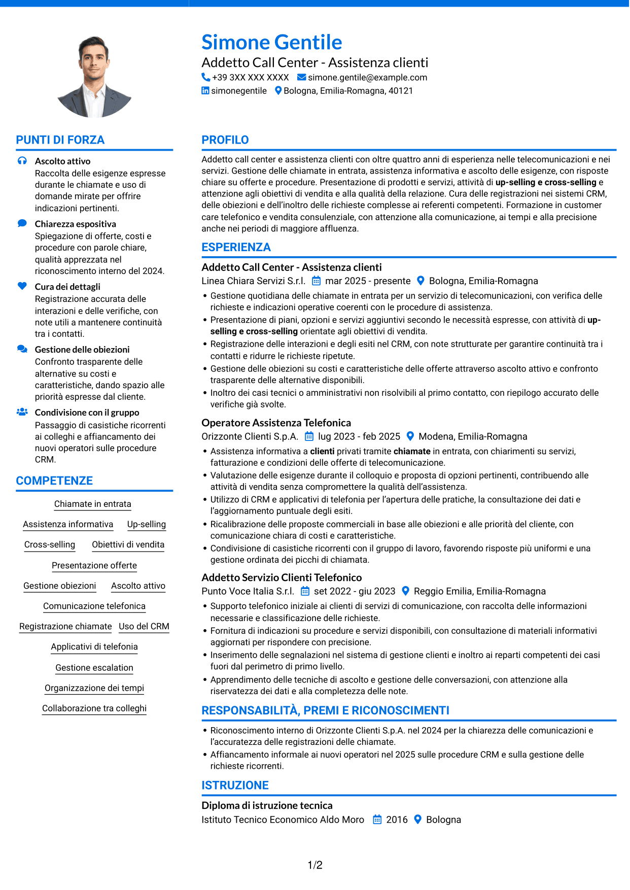 CV Audace (formato a due colonne con accenti colorati e foto): Addetto Call Center - Assistenza clienti e vendita, pagina 1