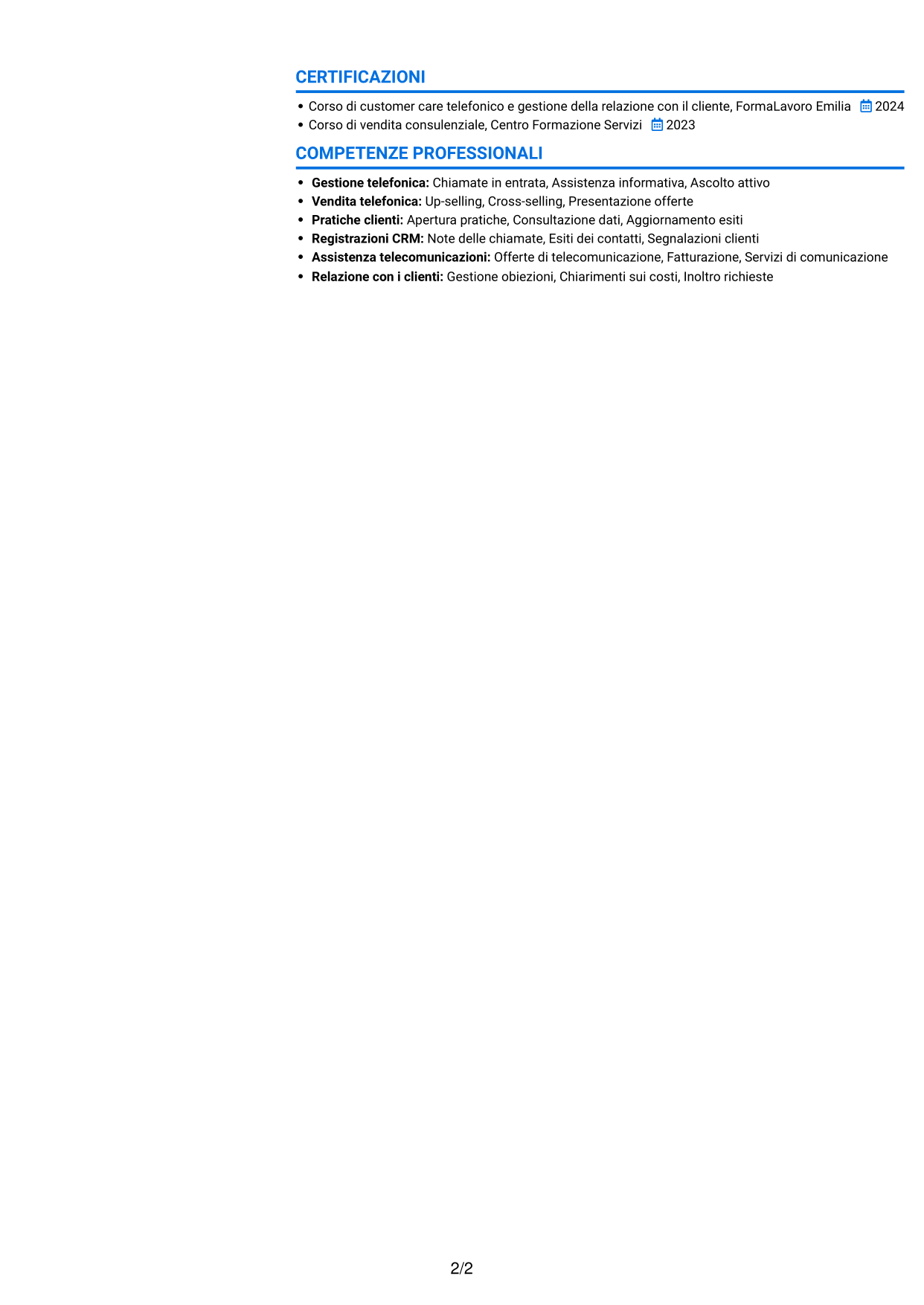 CV Audace (formato a due colonne con accenti colorati e foto): Addetto Call Center - Assistenza clienti e vendita, pagina 2