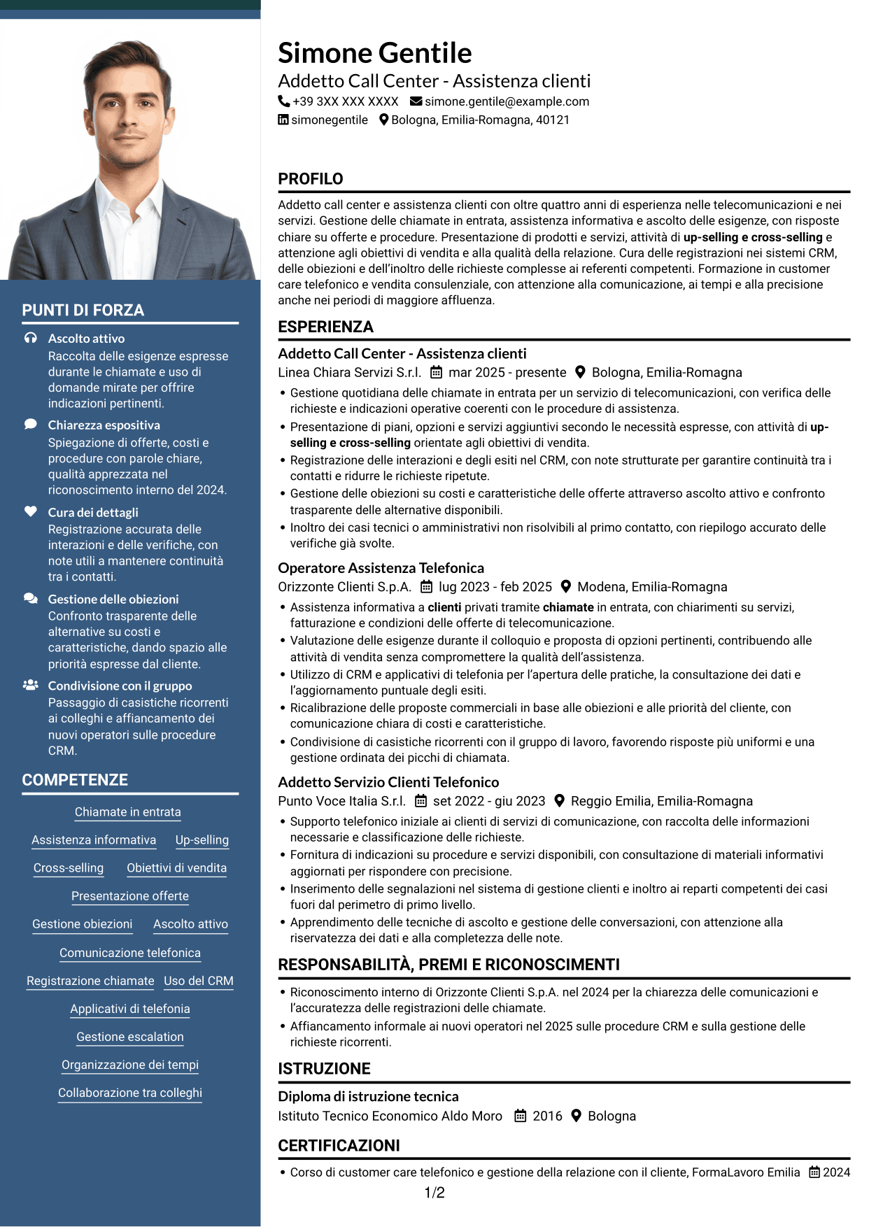 CV Signature (formato con colonna laterale colorata e foto grande): Addetto Call Center - Assistenza clienti e vendita, pagina 1