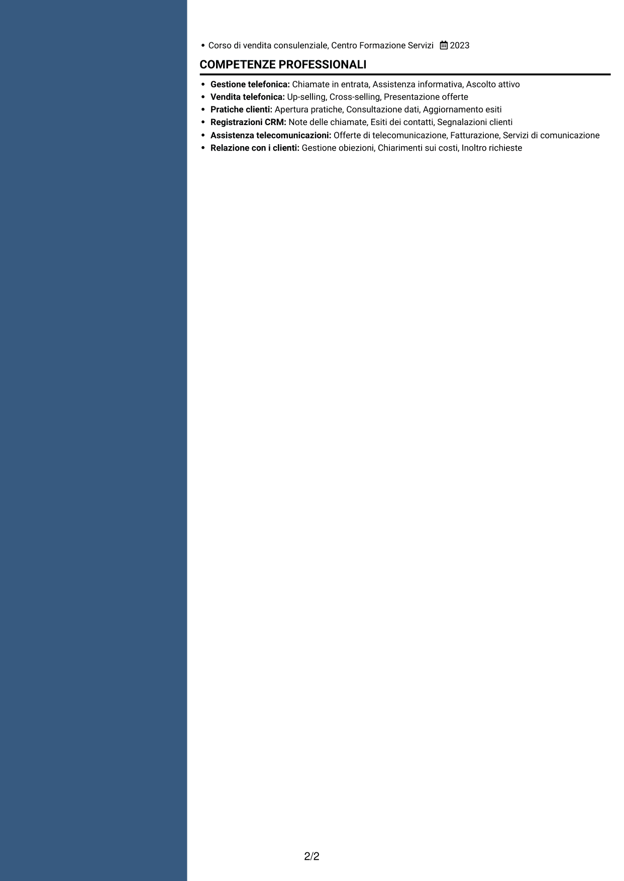 CV Signature (formato con colonna laterale colorata e foto grande): Addetto Call Center - Assistenza clienti e vendita, pagina 2