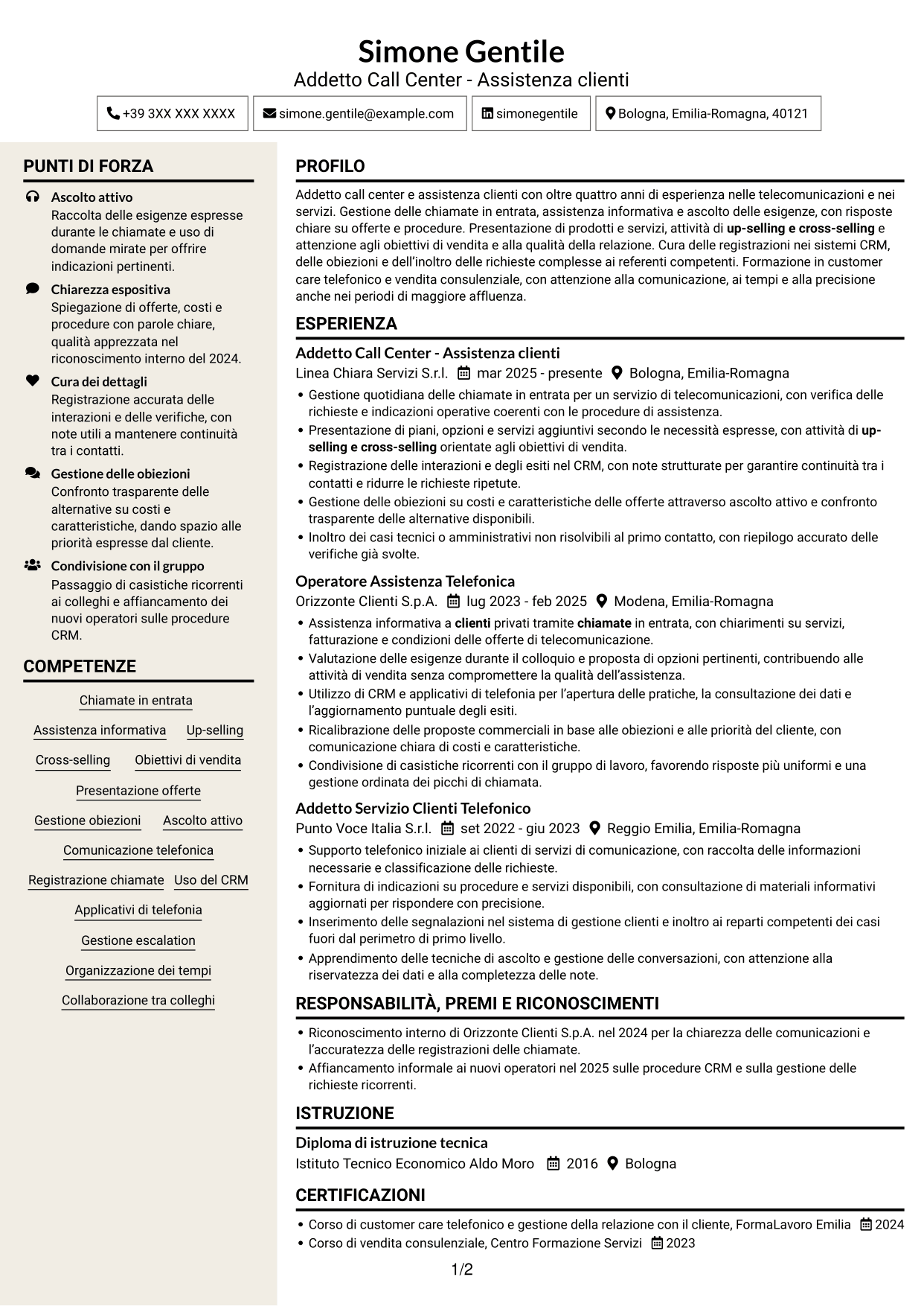 CV Intraprendente (formato a due colonne con intestazione centrata senza foto): Addetto Call Center - Assistenza clienti e vendita, pagina 1
