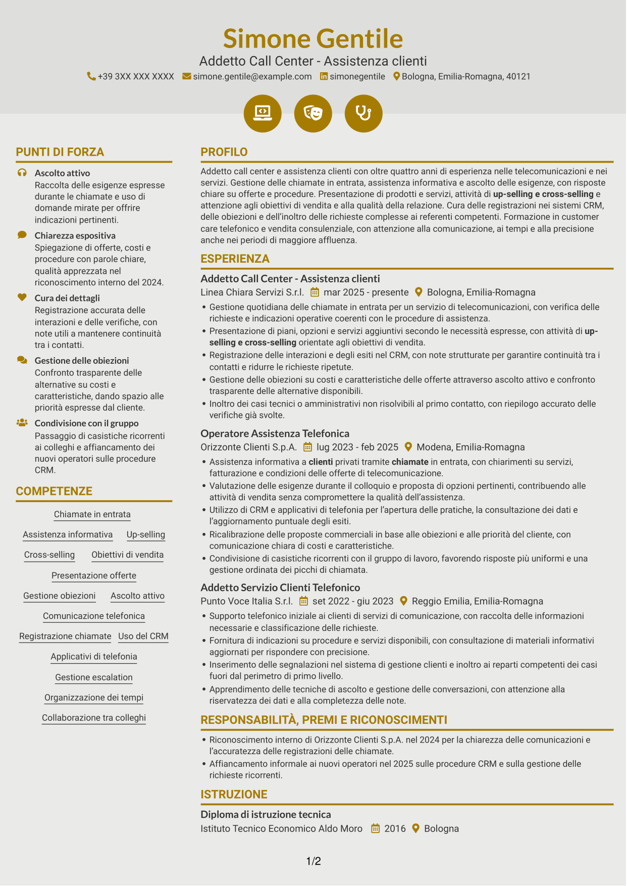 CV Dinamico (formato a due colonne con icone): Addetto Call Center - Assistenza clienti e vendita, pagina 1