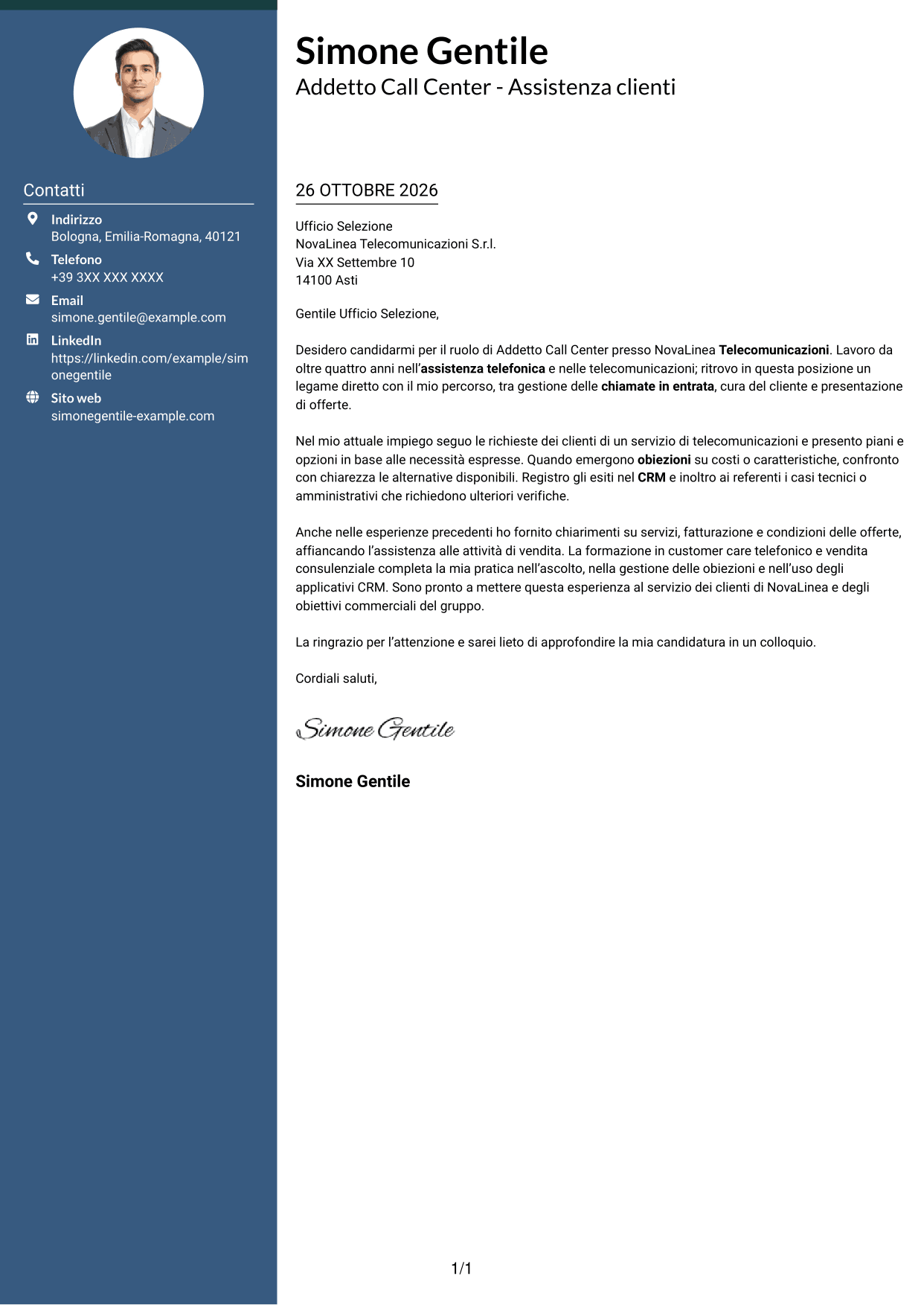 Lettera di presentazione Elegante (formato con colonna laterale colorata e foto): Addetto Call Center - Assistenza clienti e vendita, pagina 1