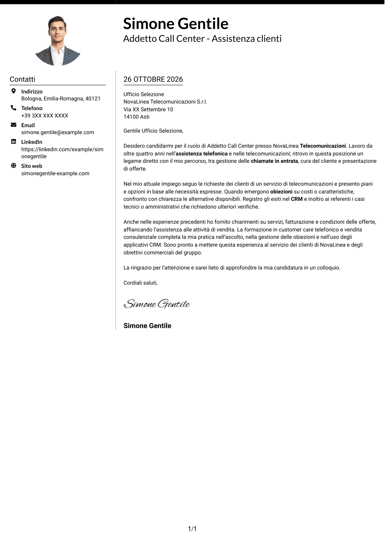 Lettera di presentazione Moderno (formato a due colonne con foto a sinistra e separatore): Addetto Call Center - Assistenza clienti e vendita, pagina 1