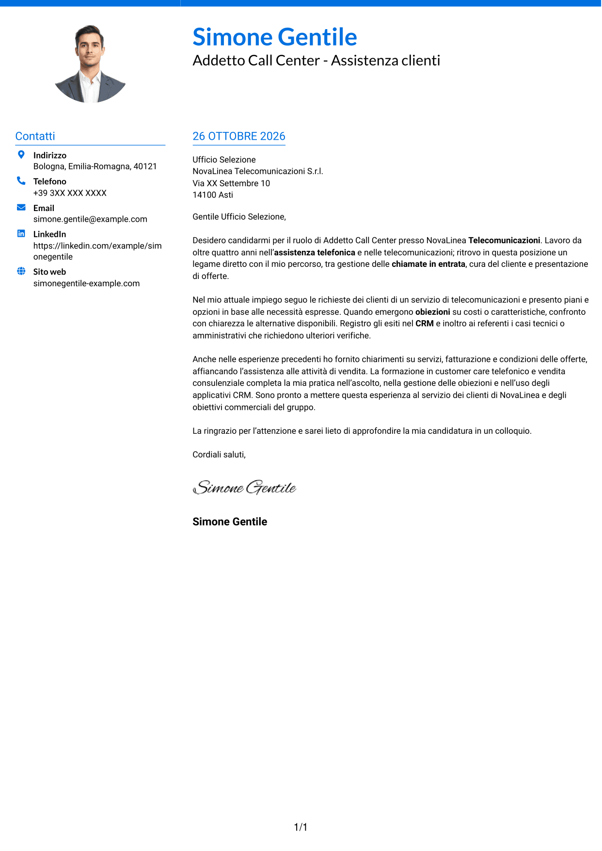 Lettera di presentazione Audace (formato a due colonne con accenti colorati e foto): Addetto Call Center - Assistenza clienti e vendita, pagina 1