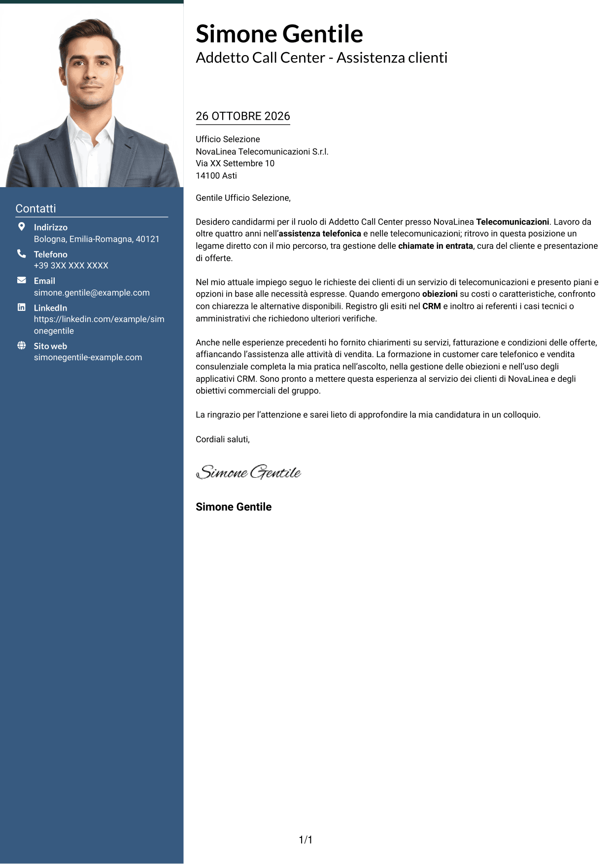 Lettera di presentazione Signature (formato con colonna laterale colorata e foto grande): Addetto Call Center - Assistenza clienti e vendita, pagina 1