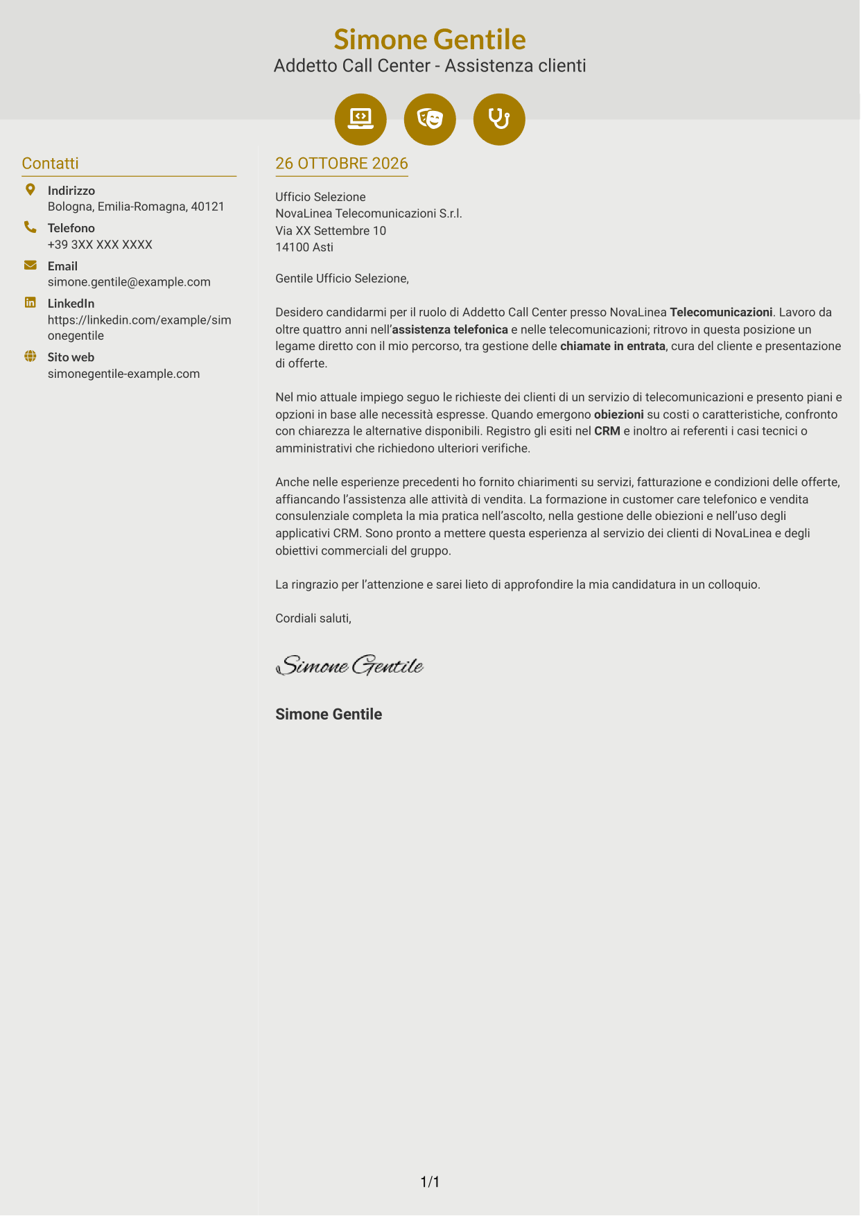 Lettera di presentazione Dinamico (formato a due colonne con icone): Addetto Call Center - Assistenza clienti e vendita, pagina 1
