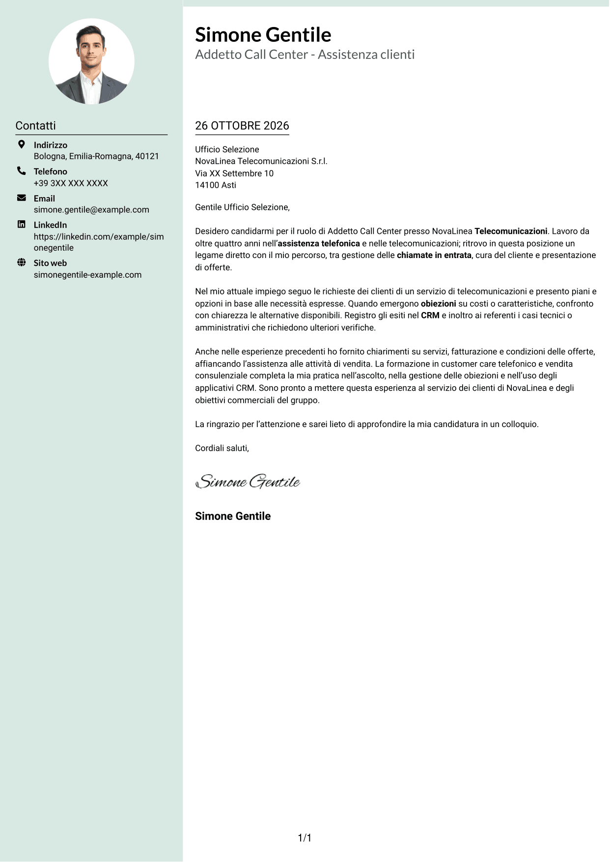 Lettera di presentazione Dirigente (formato con colonna laterale tenue e foto arrotondata): Addetto Call Center - Assistenza clienti e vendita, pagina 1