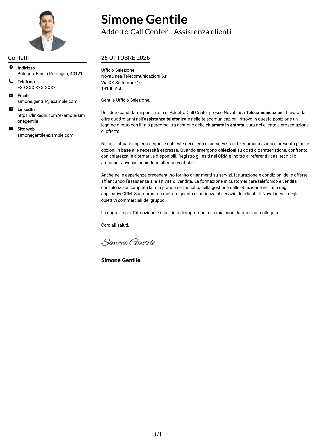 Esempio di lettera di presentazione — pagina 1