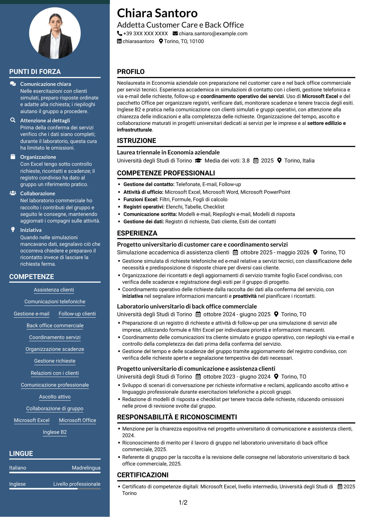 CV Elegante (formato con colonna laterale colorata e foto): Addetto Customer Care e Back Office - Servizi per l'edilizia, pagina 1