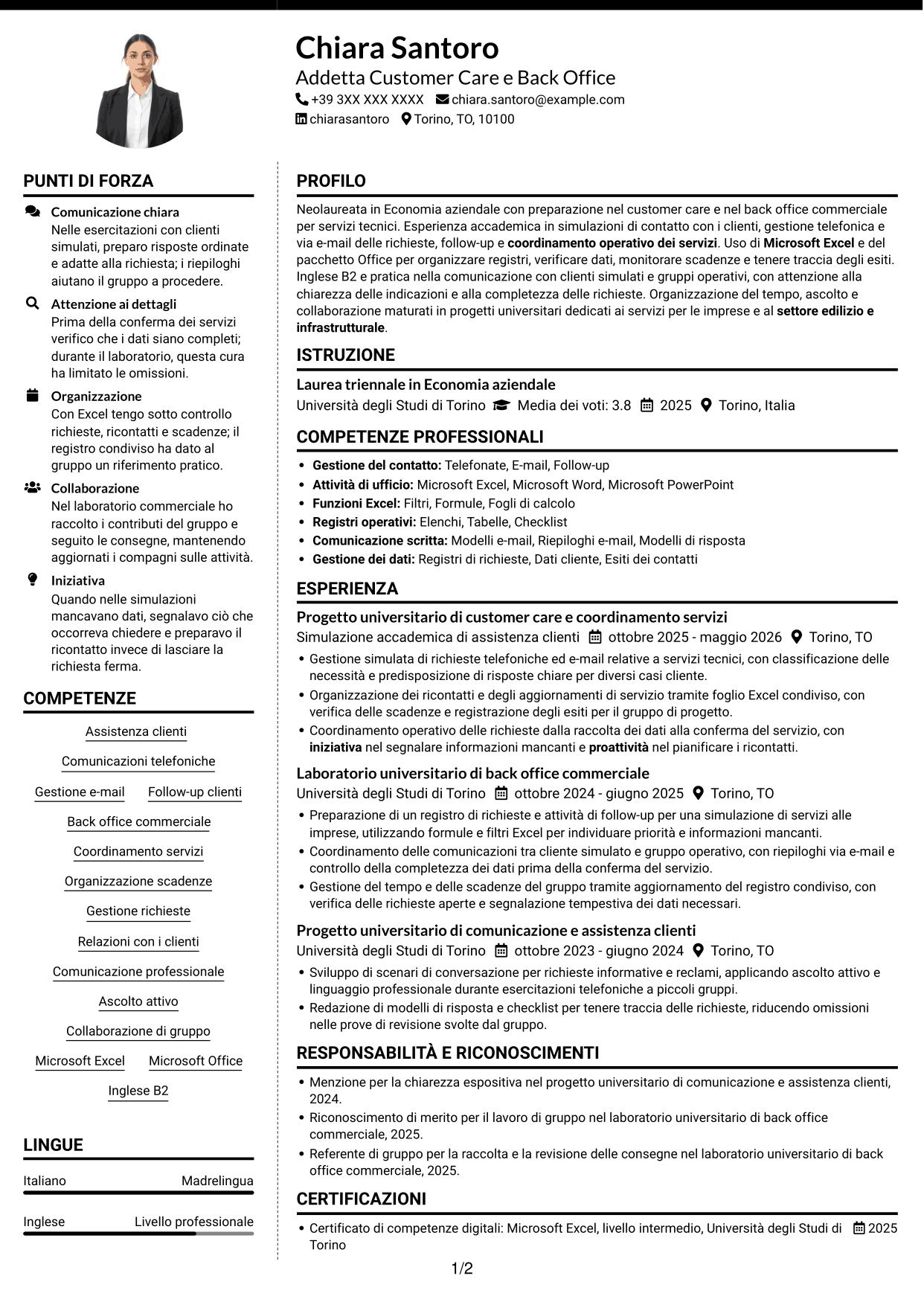 CV Moderno (formato a due colonne con foto a sinistra e separatore): Addetto Customer Care e Back Office - Servizi per l'edilizia, pagina 1