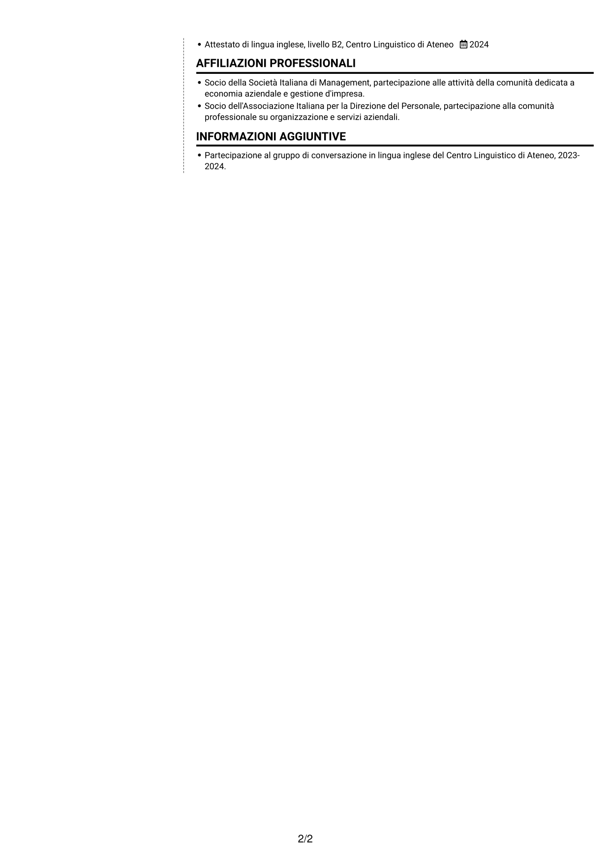 CV Moderno (formato a due colonne con foto a sinistra e separatore): Addetto Customer Care e Back Office - Servizi per l'edilizia, pagina 2