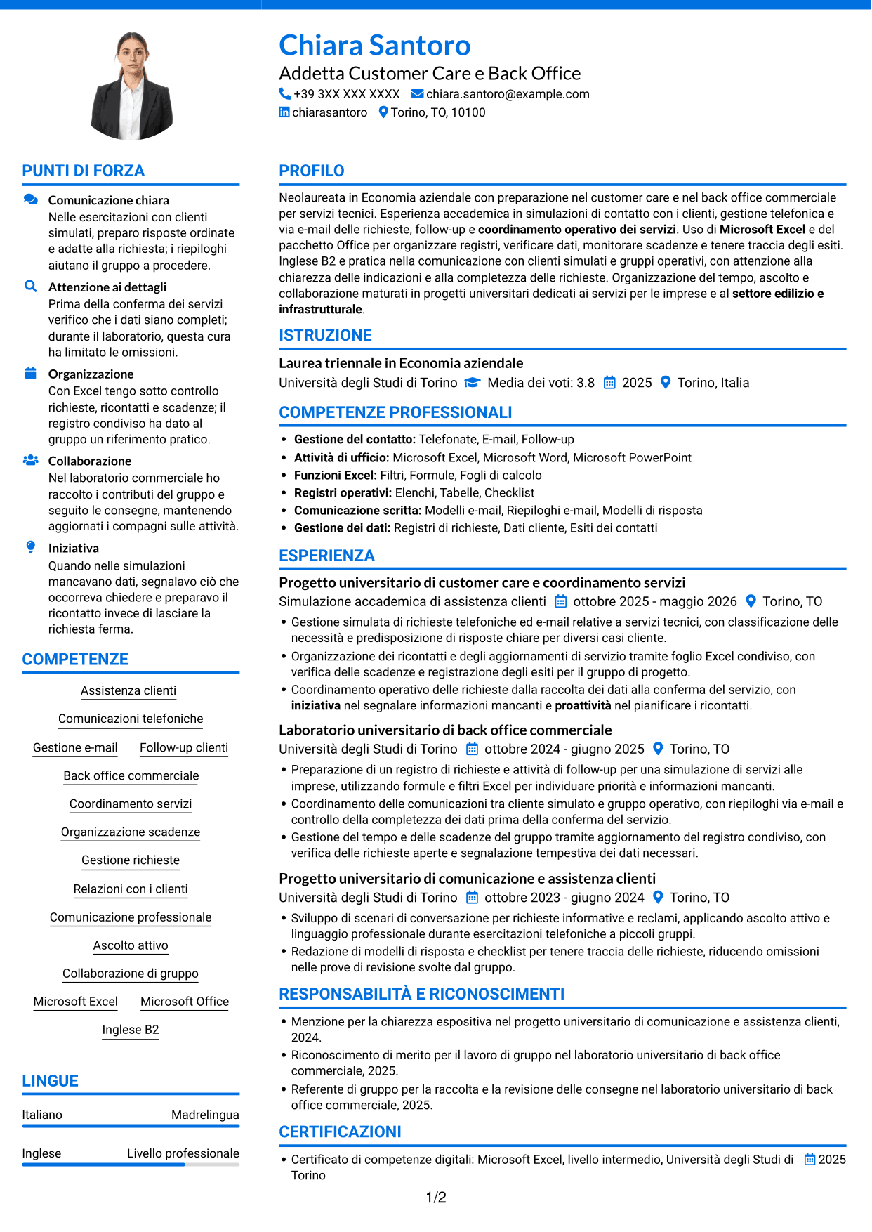 CV Audace (formato a due colonne con accenti colorati e foto): Addetto Customer Care e Back Office - Servizi per l'edilizia, pagina 1
