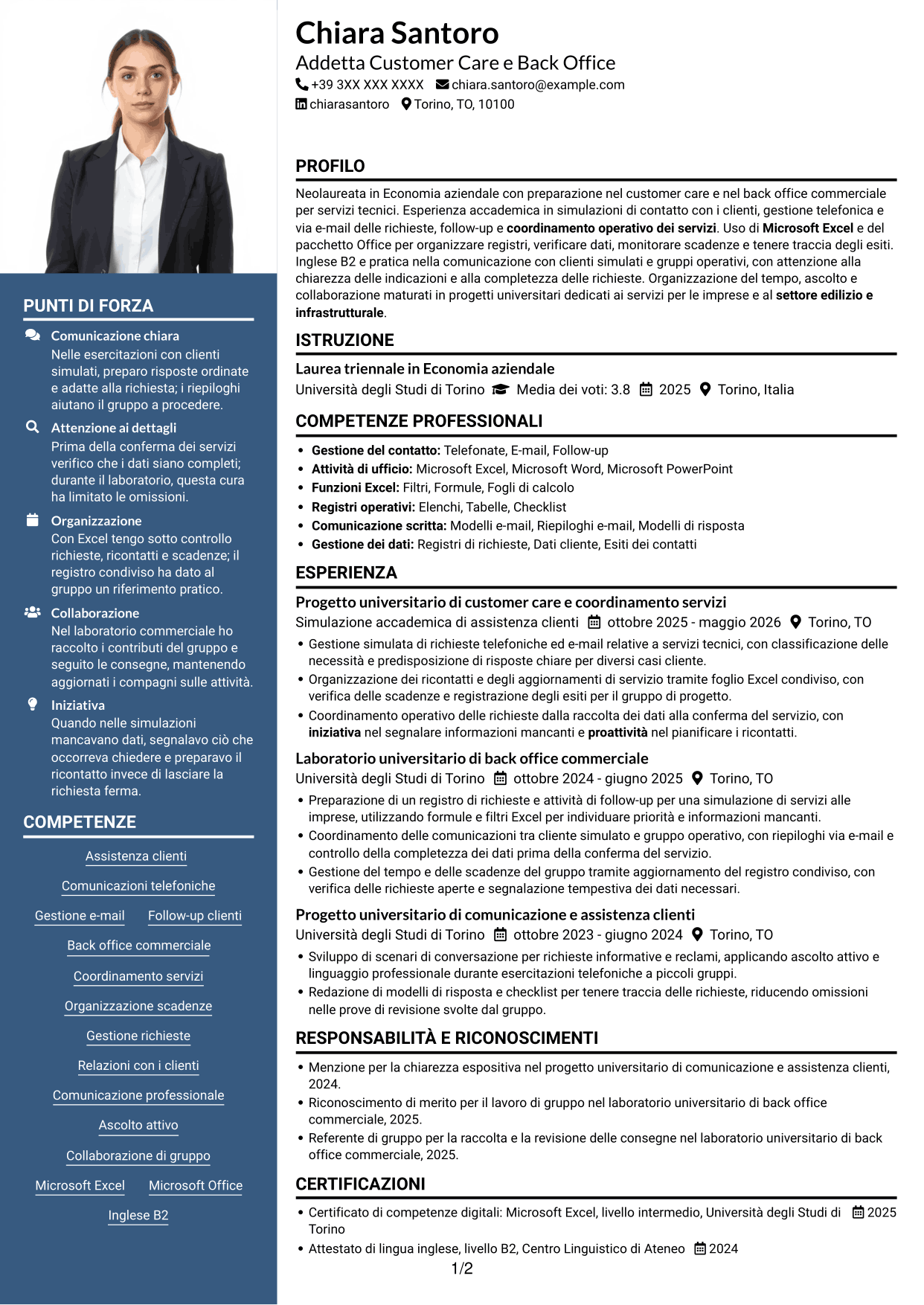 CV Signature (formato con colonna laterale colorata e foto grande): Addetto Customer Care e Back Office - Servizi per l'edilizia, pagina 1