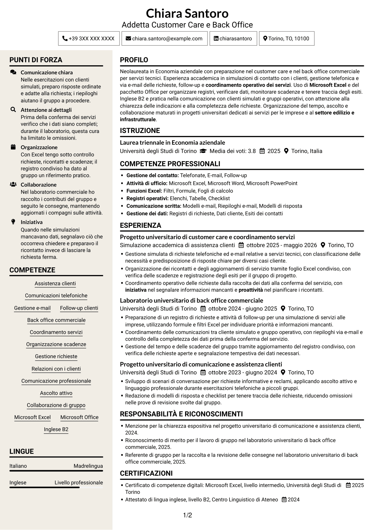 CV Intraprendente (formato a due colonne con intestazione centrata senza foto): Addetto Customer Care e Back Office - Servizi per l'edilizia, pagina 1