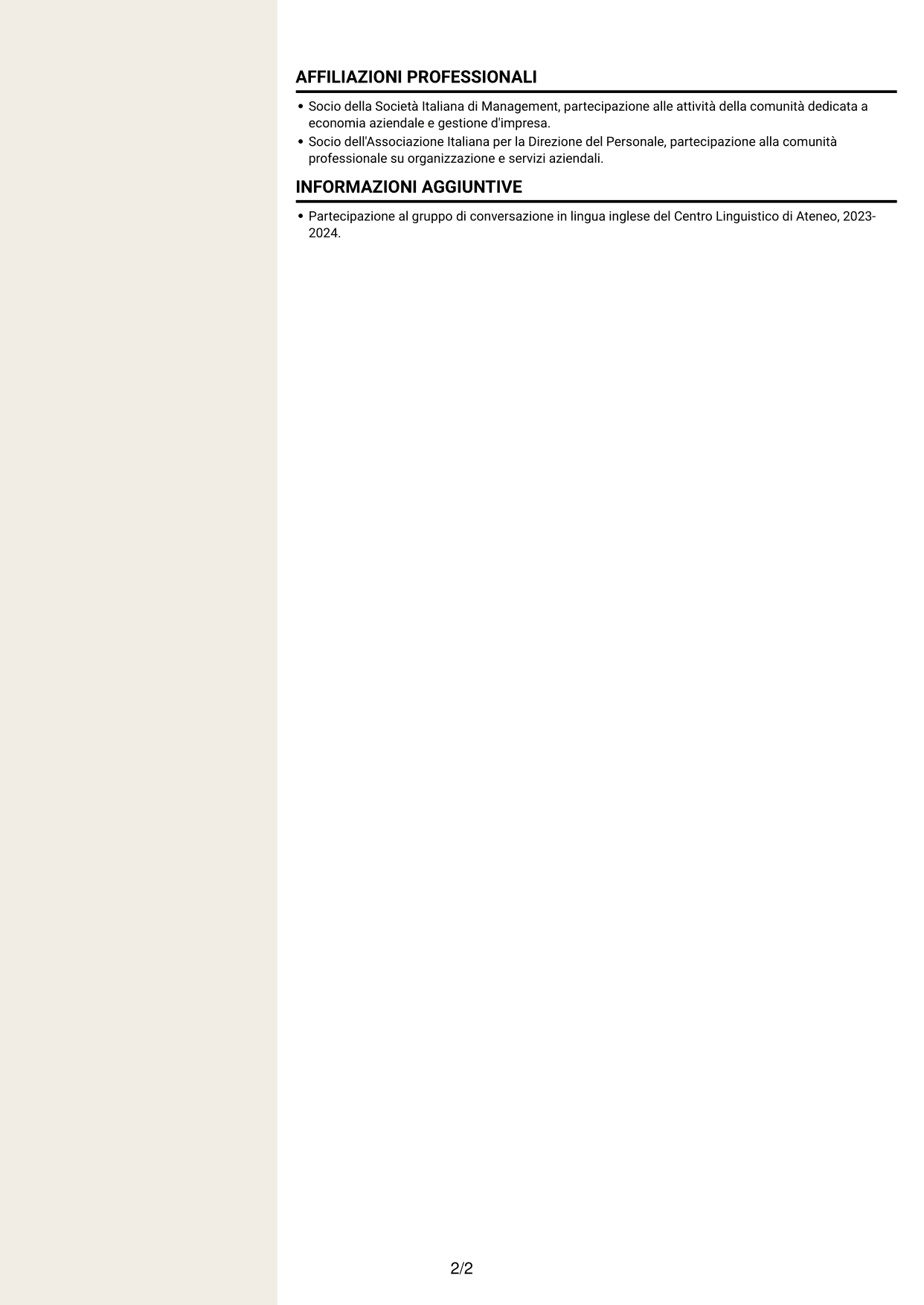 CV Intraprendente (formato a due colonne con intestazione centrata senza foto): Addetto Customer Care e Back Office - Servizi per l'edilizia, pagina 2