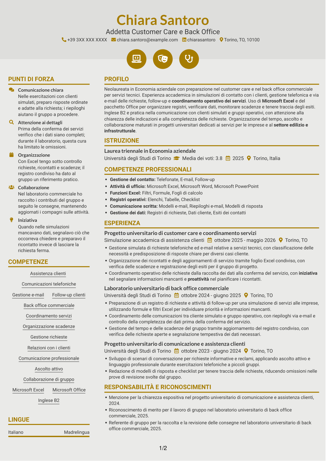 CV Dinamico (formato a due colonne con icone): Addetto Customer Care e Back Office - Servizi per l'edilizia, pagina 1