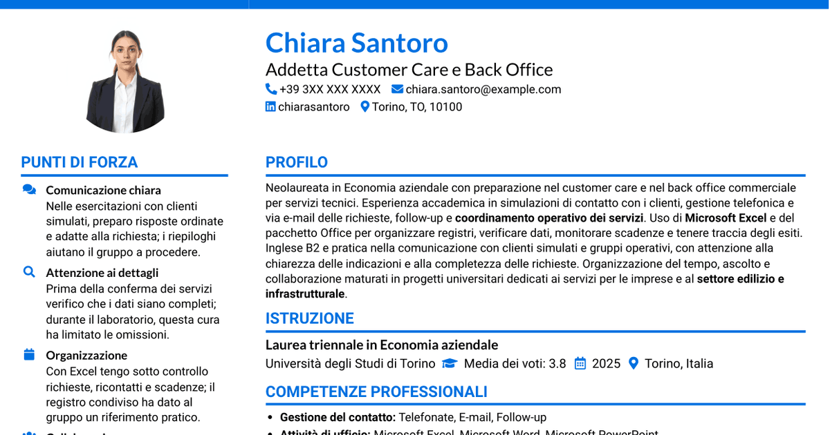 7 modelli di CV per Addetto Customer Care e Back Office - Servizi per l'edilizia, con esempi