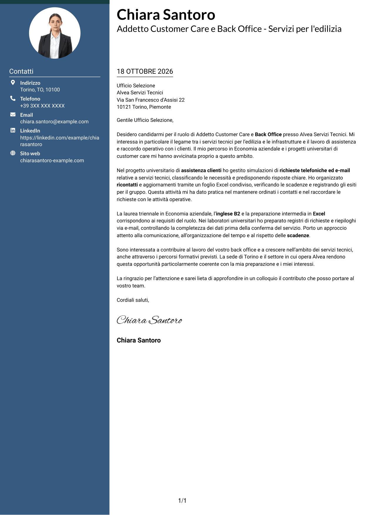 Lettera di presentazione Elegante (formato con colonna laterale colorata e foto): Addetto Customer Care e Back Office - Servizi per l'edilizia, pagina 1