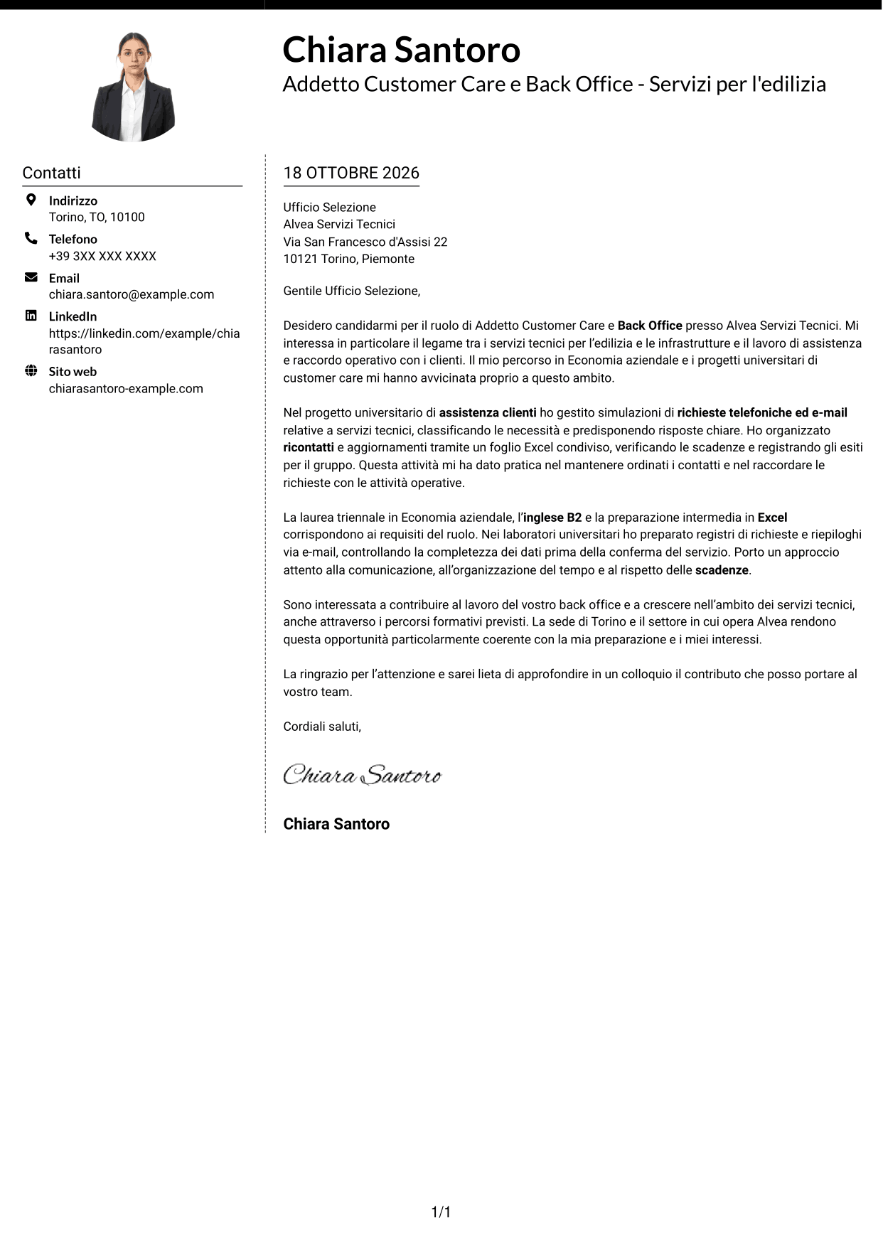 Lettera di presentazione Moderno (formato a due colonne con foto a sinistra e separatore): Addetto Customer Care e Back Office - Servizi per l'edilizia, pagina 1